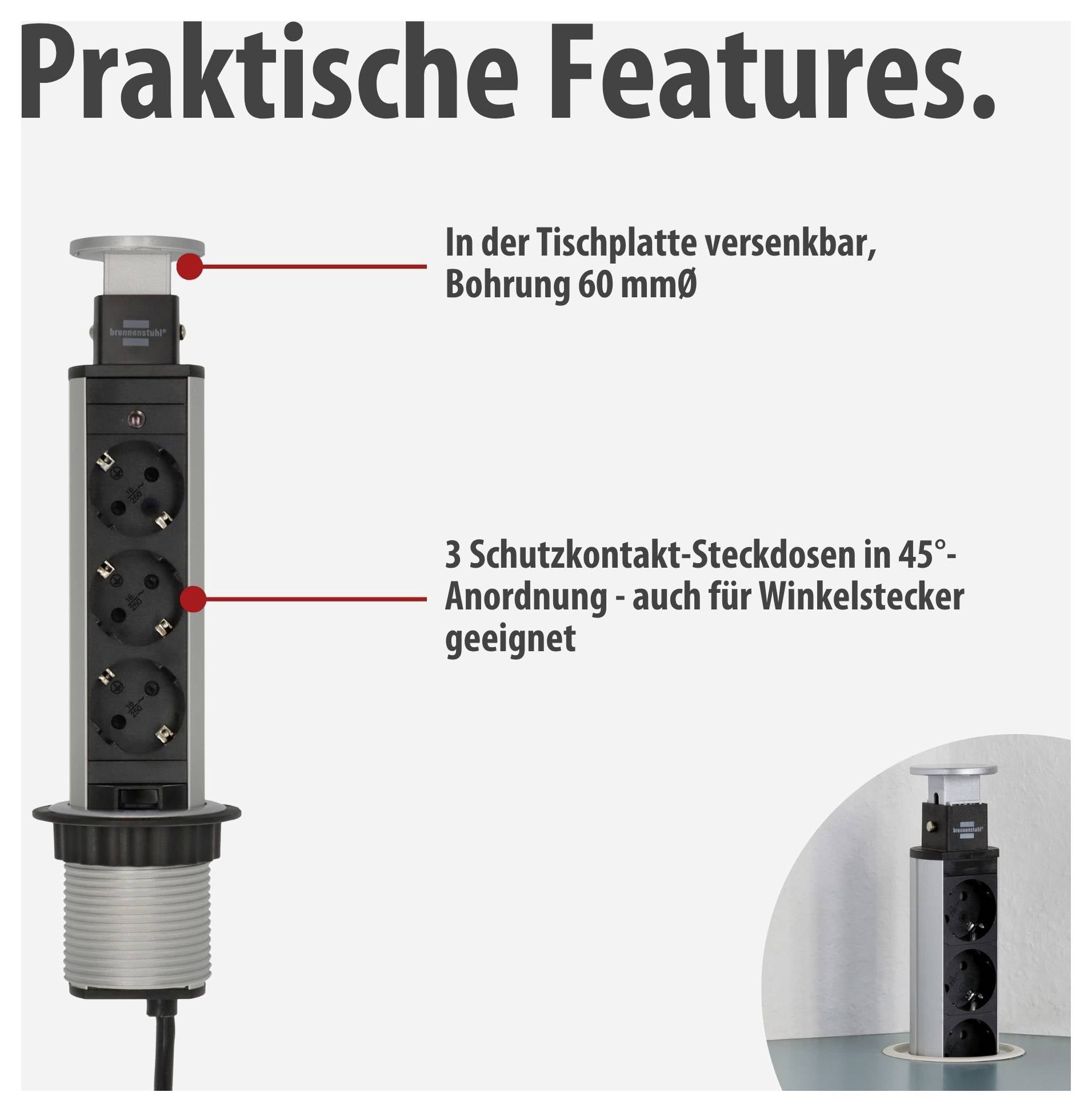 Versenkbare Tischsteckdose mit 3 Schutzkontakt-Steckdosen; Bohrung 60 mm, 45°-Anordnung, auch für Winkelstecker geeignet.