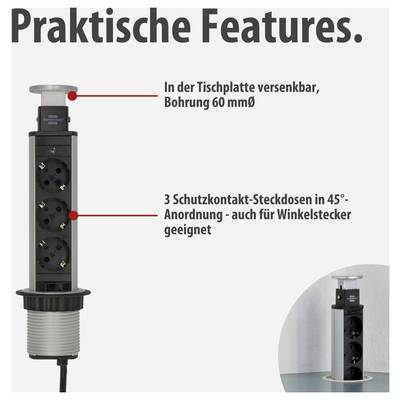 Versenkbare Tischsteckdose mit 3 Schutzkontakt-Steckdosen; Bohrung 60 mm, 45°-Anordnung, auch für Winkelstecker geeignet.