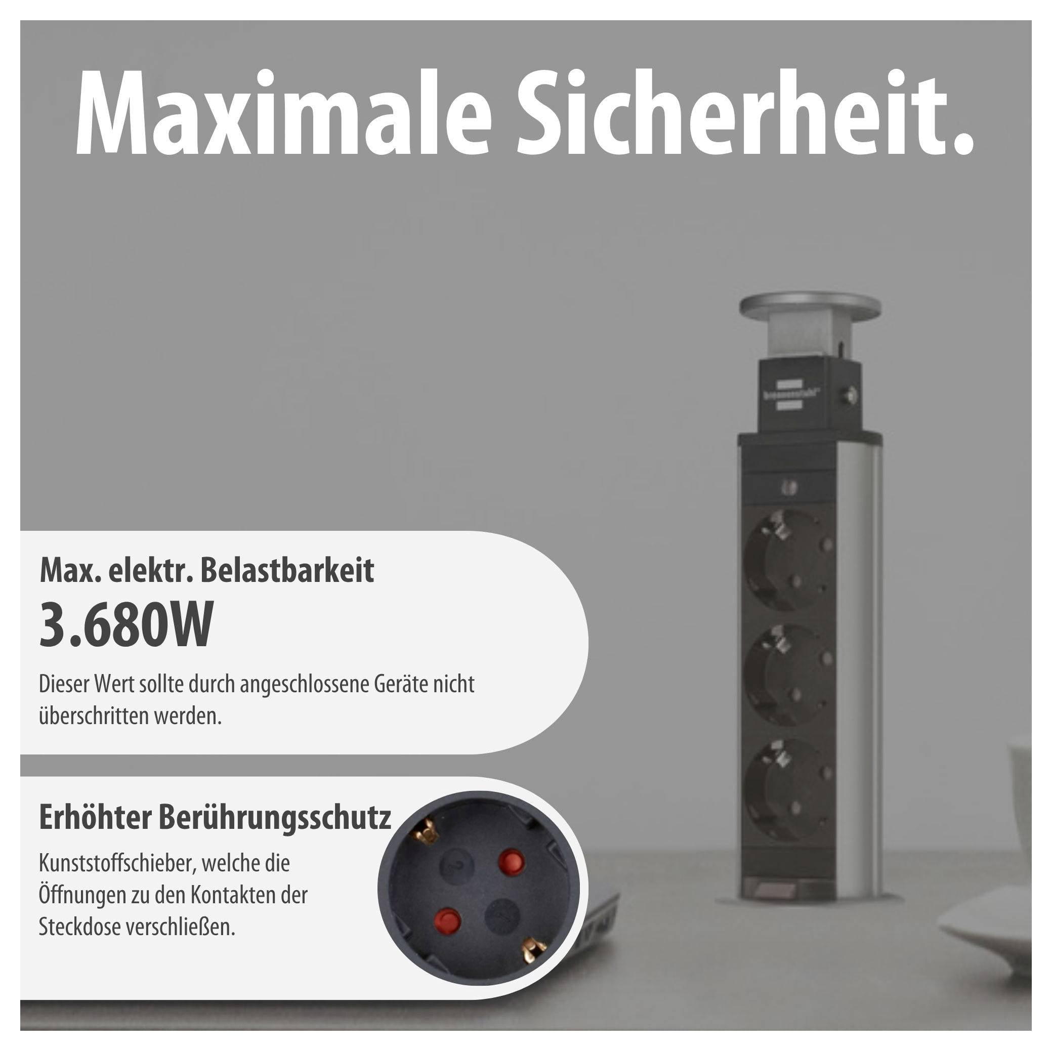 Werbeanzeige für eine Steckdosenleiste mit 'Maximale Sicherheit.'; genannt werden 3.680 W Maximalbelastung und erhöhter Berührungsschutz durch Kunststoffschieber.