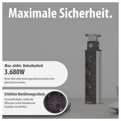 Werbeanzeige für eine Steckdosenleiste mit 'Maximale Sicherheit.'; genannt werden 3.680 W Maximalbelastung und erhöhter Berührungsschutz durch Kunststoffschieber.