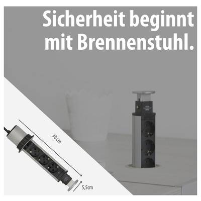 Werbeanzeige für Brennenstuhl: Steckdosenleiste mit ausfahrbarem Gehäuse; Text 'Sicherheit beginnt mit Brennenstuhl.'; Längenangaben 30 cm und 5,5 cm.