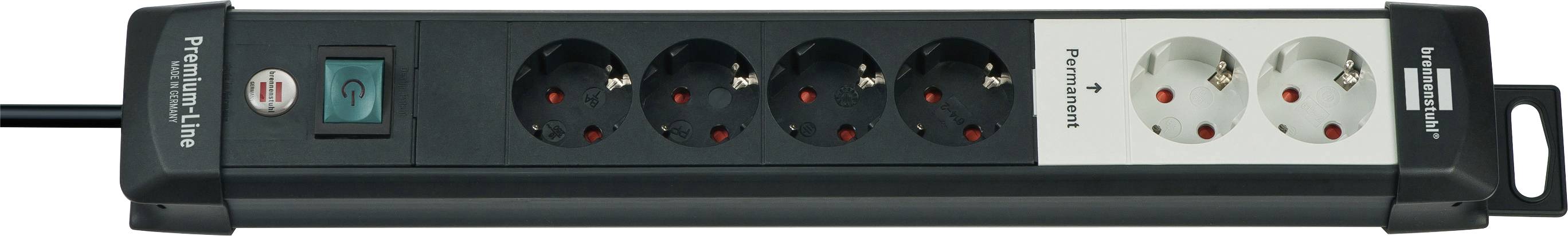 Eine schwarze Rack-Mount-Steckdosenleiste mit sechs Steckdosen und beleuchtetem Ein-/Ausschalter, einschließlich zwei weißer Steckdosen auf der rechten Seite.