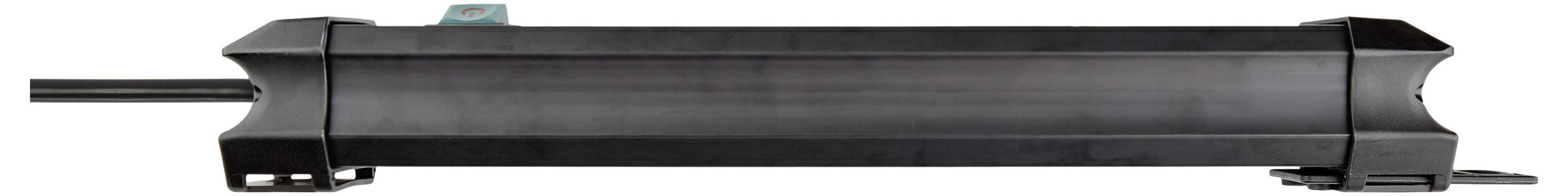 Schwarze Metallschiene oder Spurkomponente in Seitenansicht mit konischen Endkappen und einer kleinen Befestigungslasche oben.
