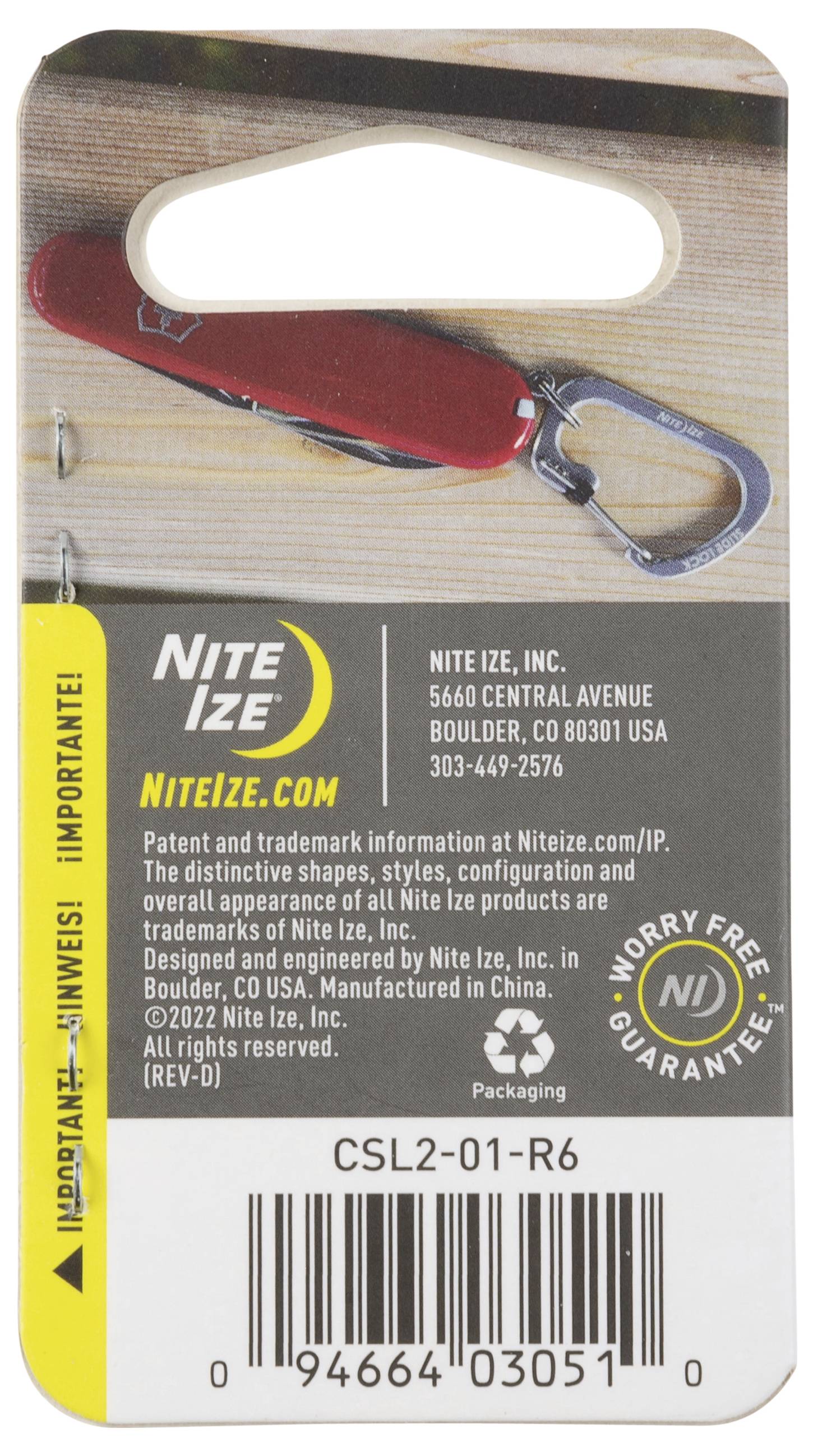 "DoohicKey Schlüsselanhänger-Messer" Verpackung mit einem kompakten roten Messer und silberner Schlaufe. Merkmale umfassen den Produktnamen, das Nite Ize Logo und die Garantie.
