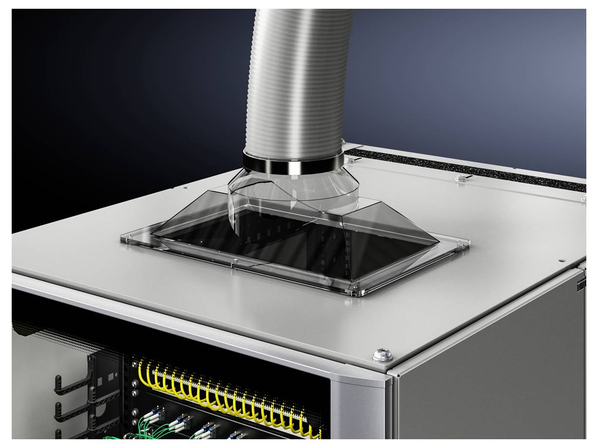 Ein Serverkühlsystem mit einem großen Abzugsrohr, das Wärme aus einem offenen Servergehäuse ableitet. Unten sind Kabel sichtbar.