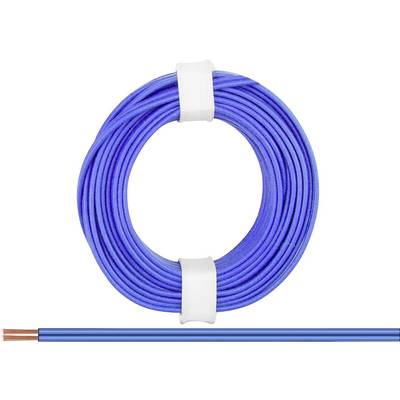 Blaues Kabel, zu einem Kreis gerollt, mit Kupferdrähten sichtbar am Ende.