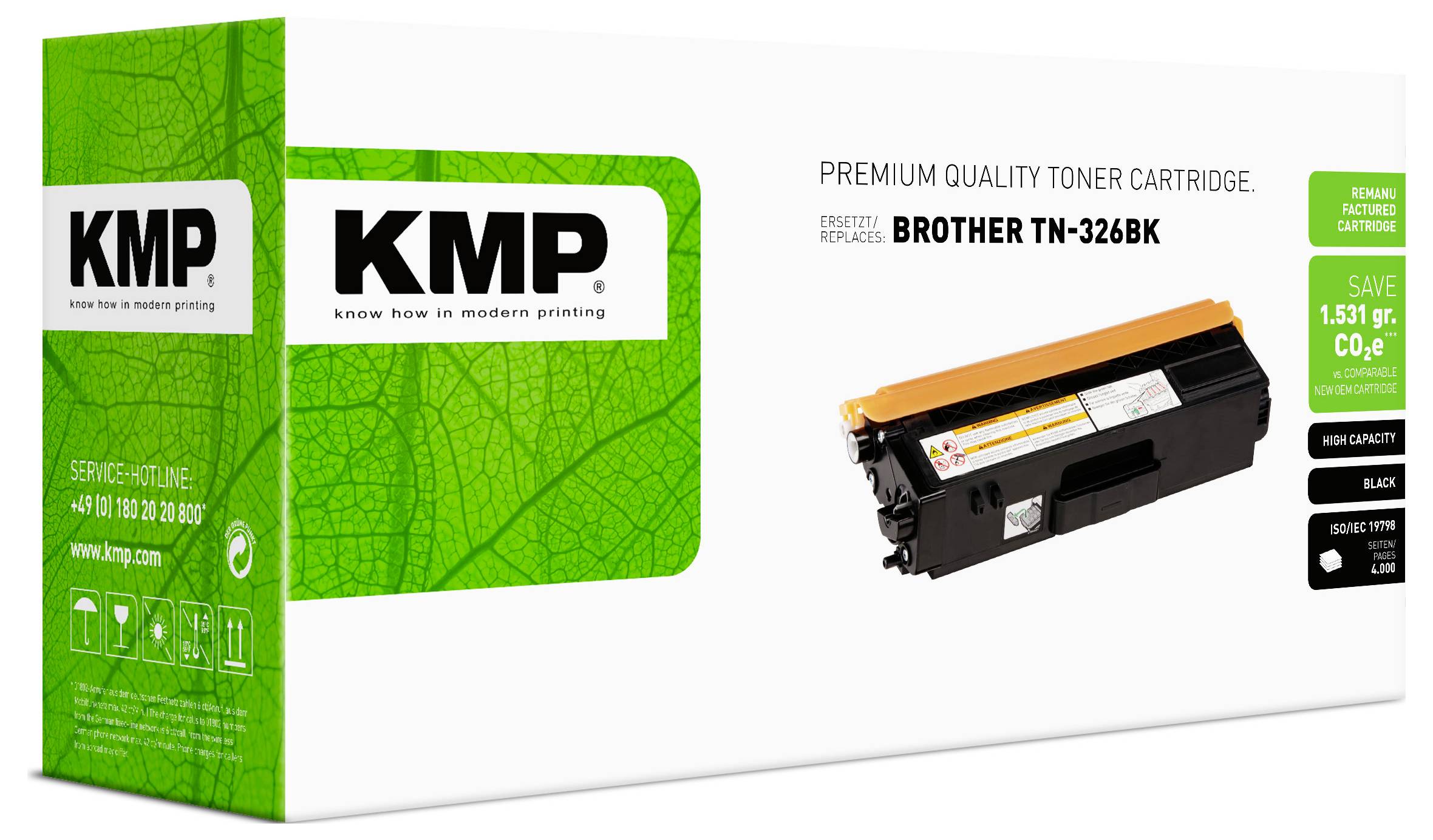 KMP Premium-Qualitäts-Tonerkassette für Brother TN-326BK, gezeigt mit einer schwarzen Tonerkassette auf einer weißen Schachtel.