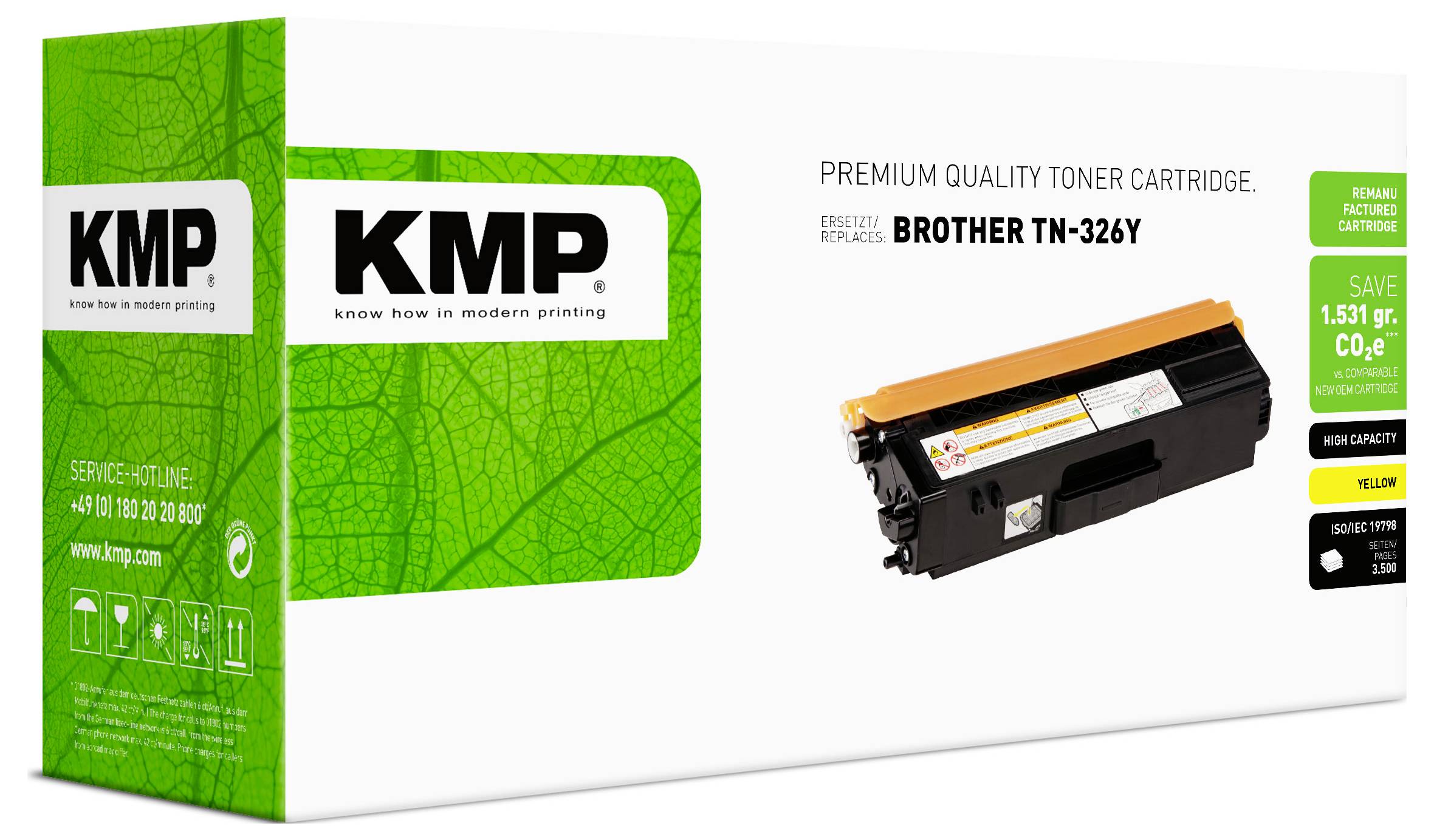 KMP Premium-Qualität Tonerkartusche-Verpackung für Brother TN-326Y, gezeigt mit einer gelben Tonerkartusche auf einer weißen Box.