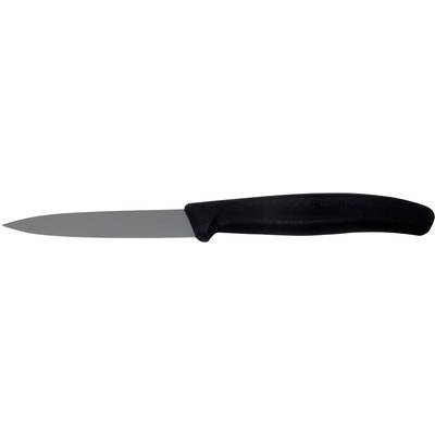 Ein Keramikmesser mit schwarzem Griff, das auf einer weißen Oberfläche liegt. Das Messer hat eine schmale, spitz zulaufende Klinge.