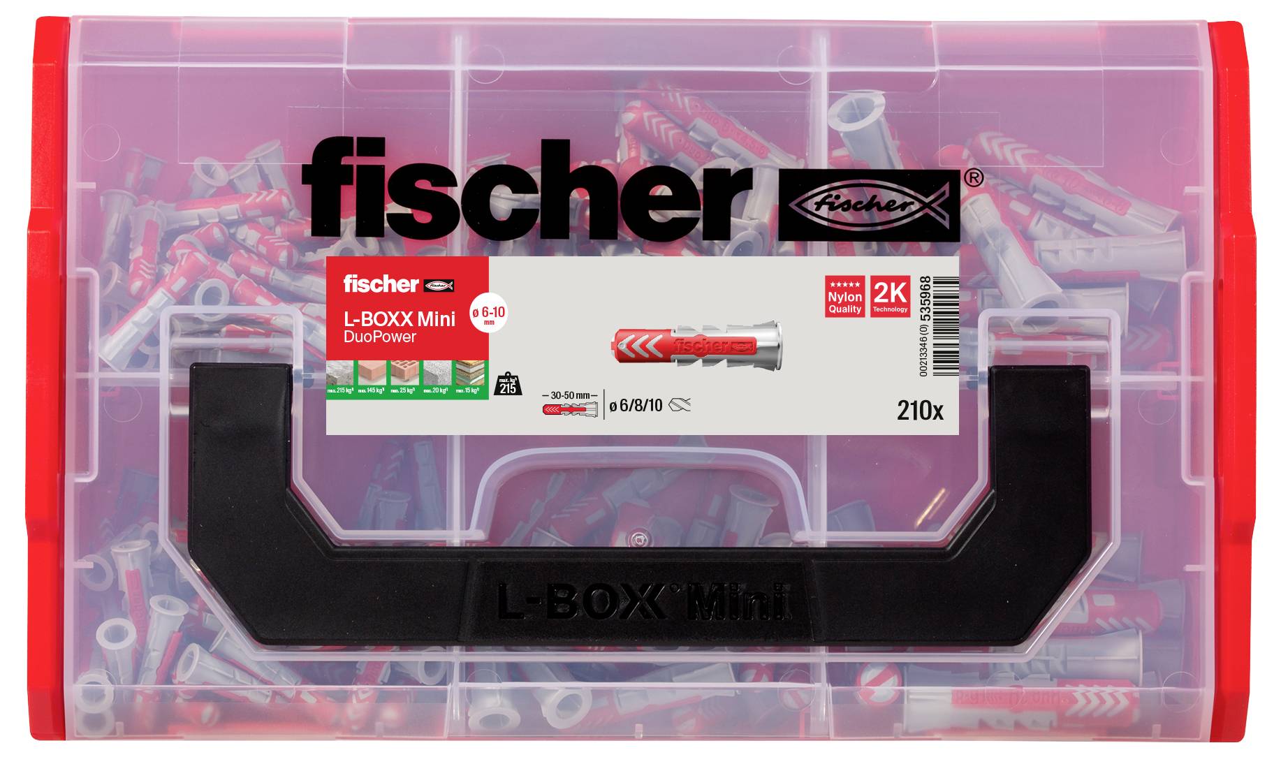 Der transparente Werkzeugkasten enthält 210 graue und rote Dübel von Fischer, Modell 'L-BOXX Mini DuoPower', geeignet für vielfältige Anwendungen.