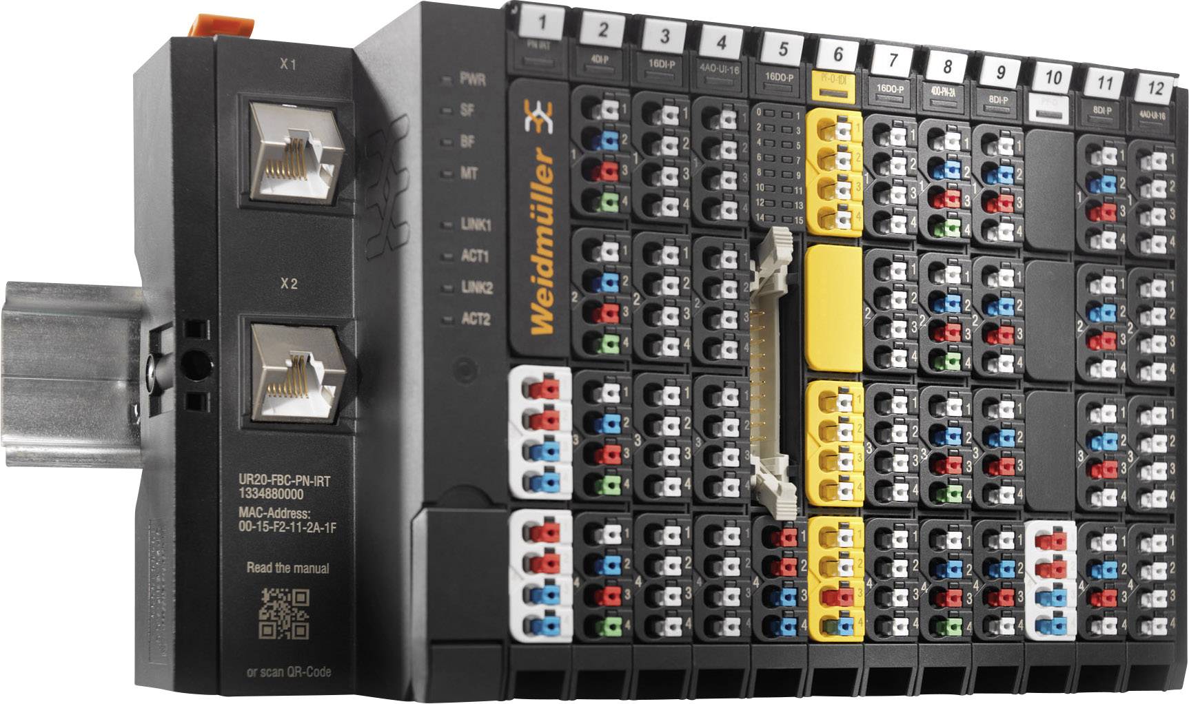 'Weidmüller I/O-System: Verteilerbox mit zahlreichen farbkodierten Steckanschlüssen, geeignet für industrielle Steuerungen und Datenerfassung.'