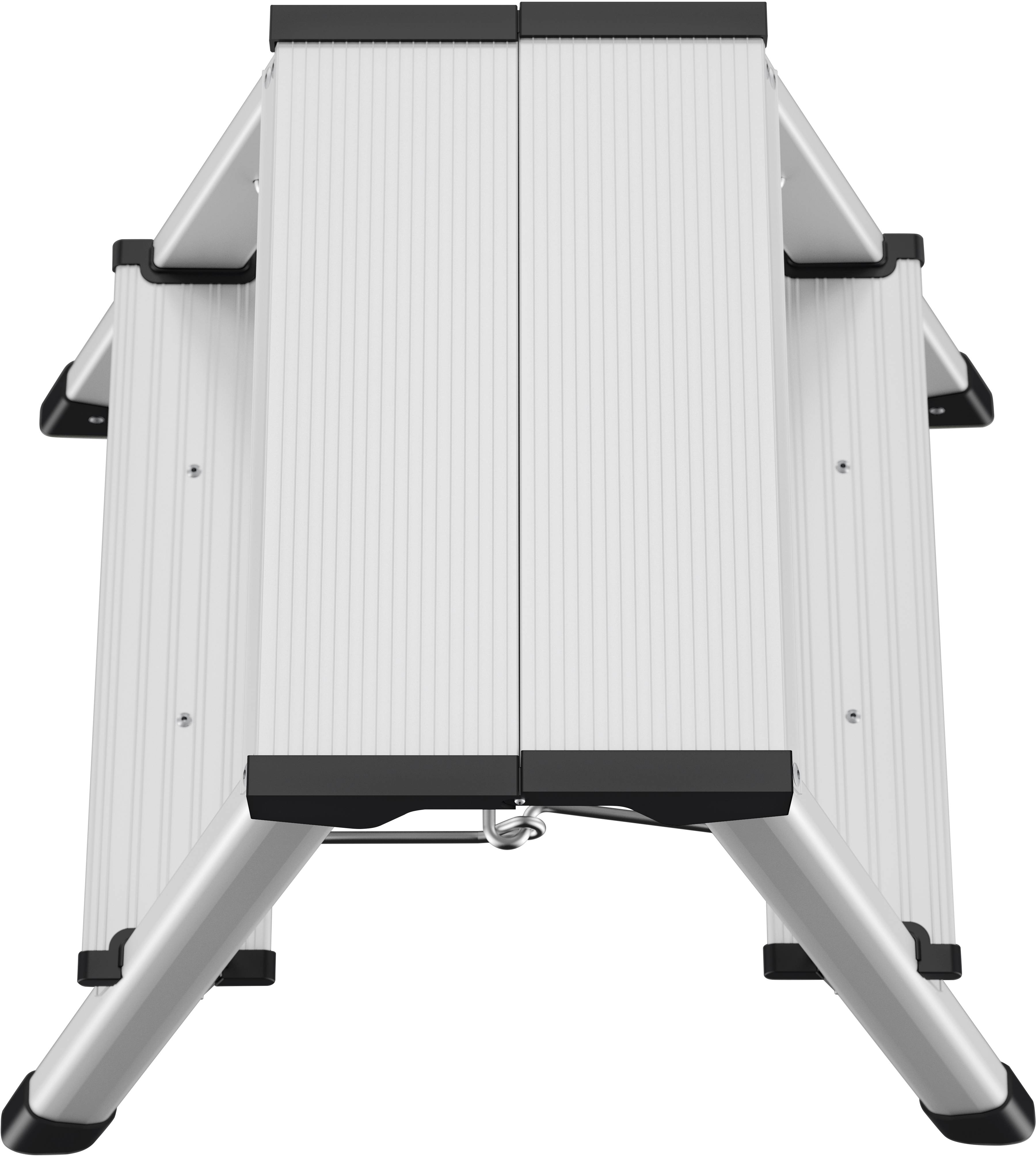 Eine klappbare Aluminium-Trittleiter, von oben gesehen. Sie hat schwarze rutschfeste Füße und ist für den Innen- und Außenbereich geeignet.