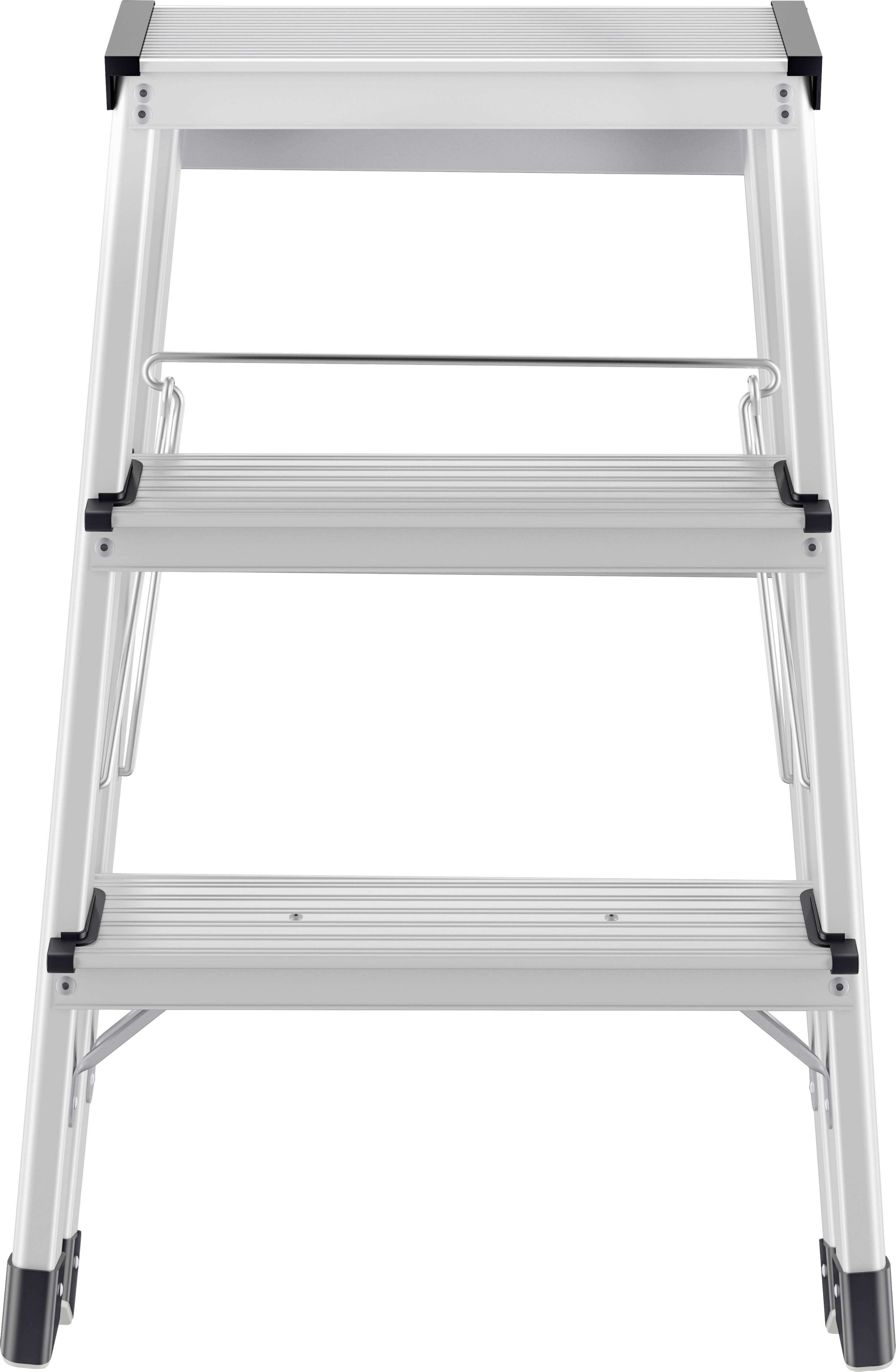 Eine silberne Klappleiter mit zwei Stufen und schwarzem rutschfestem Handlauf. Ideal zum Erreichen höherer Stellen im Haushalt.