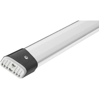 Ein rechteckiger, silberner Aluminiumquerschnitt mit weißen Kunststoffenden und schwarzer Schraubkappe.