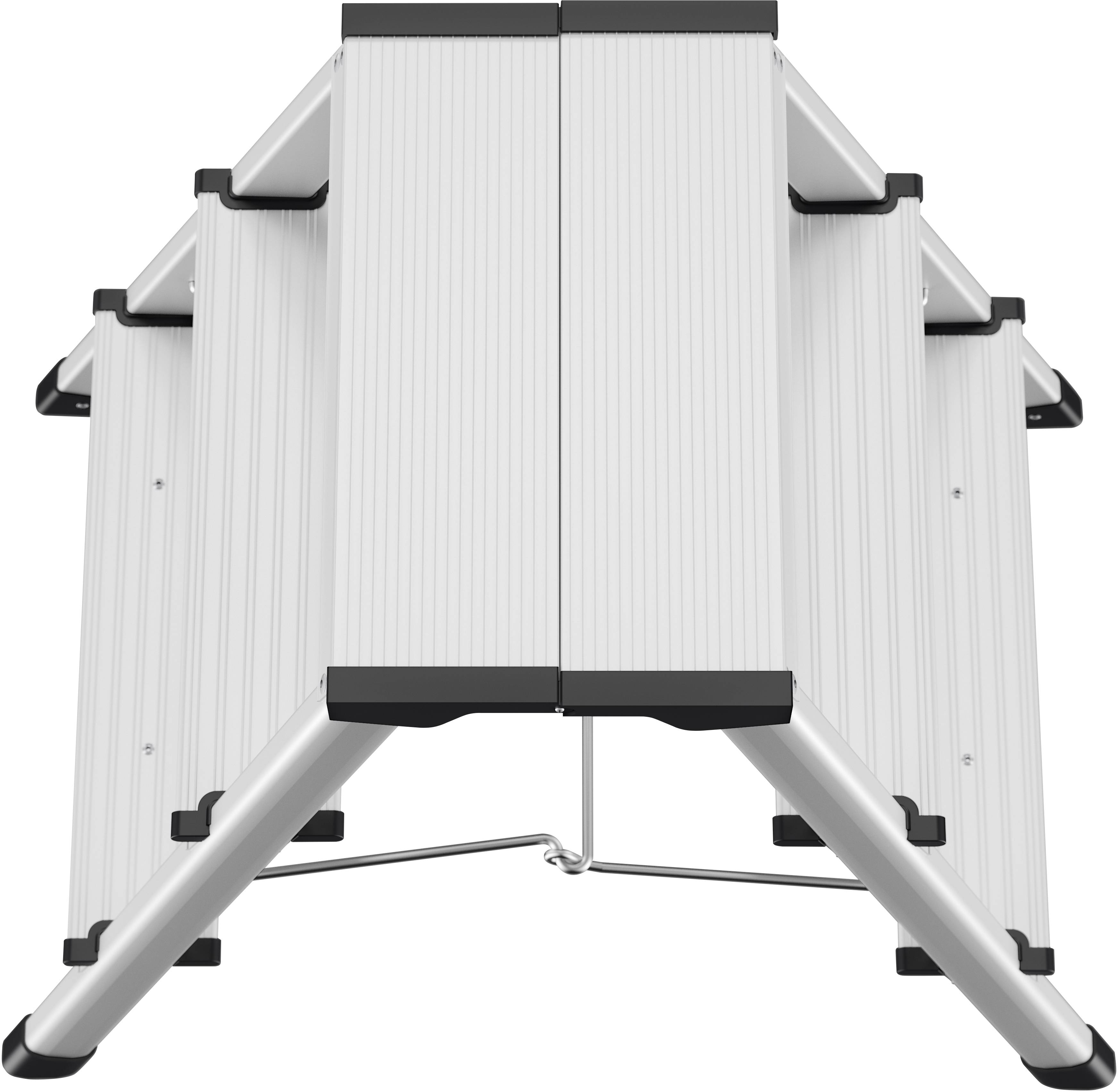 'Obenansicht einer silbernen Teleskopleiter in A-Form auf weißem Hintergrund, zeigt die Struktur und Verriegelungsmechanismen.'