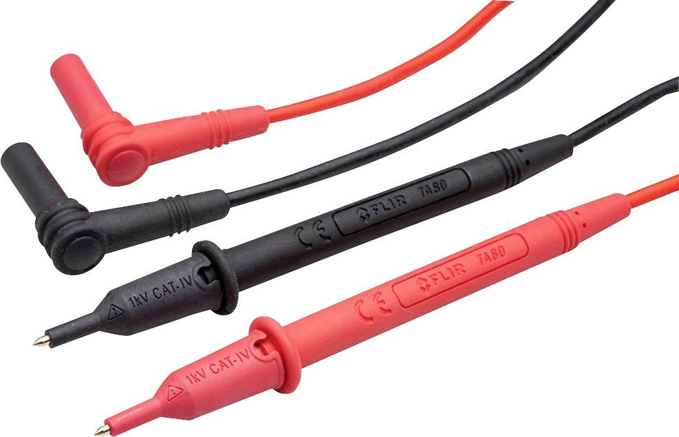 Zwei Messleitungen, eine schwarz und eine rot, mit spitzen Metallenden und Kunststoffhüllen, für elektrische Messgeräte geeignet.