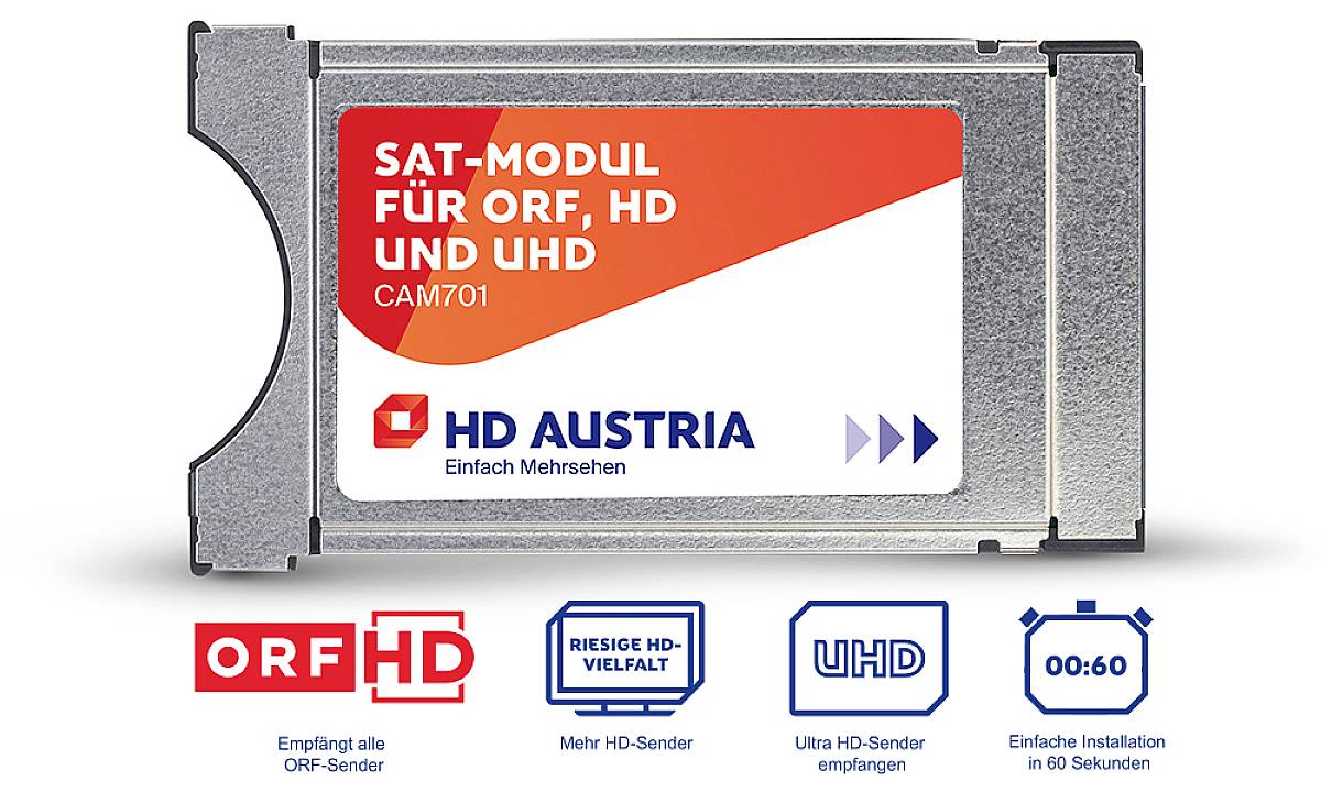 'CAM701 SAT-Modul für ORF, HD und UHD von HD Austria.' Darunter Symbole: ORF HD, Riesige HD-Vielfalt, UHD, Einfache Installation in 60 Sekunden.
