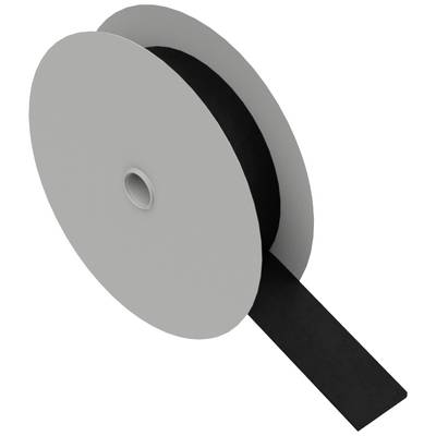 Eine große Spule mit schwarzem Textilband, das von der Rolle abgewickelt wird.