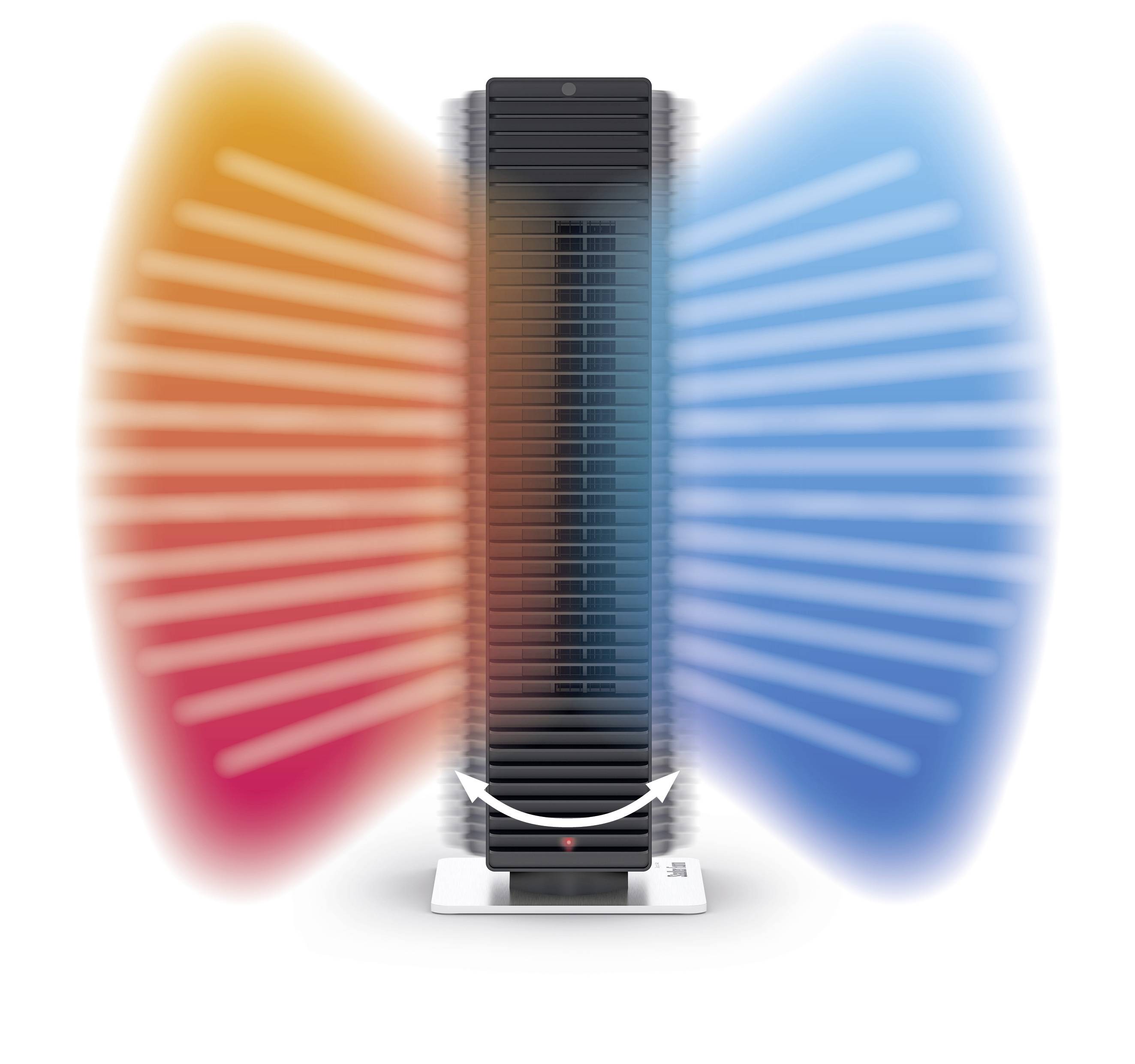 Schwarzer Turmventilator mit oszillierenden roten und blauen Luftströmungsmustern auf beiden Seiten, zeigt Wärme- und Kühlfunktion.
