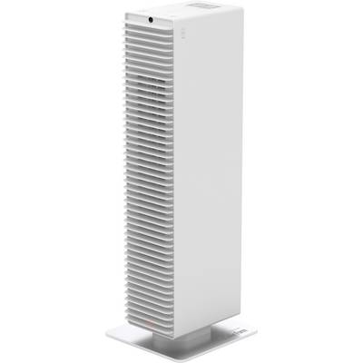 Weißer, rechteckiger Turmventilator mit vertikalen Lamellen für Luftzirkulation, stehend auf einer quadratischen Basis.