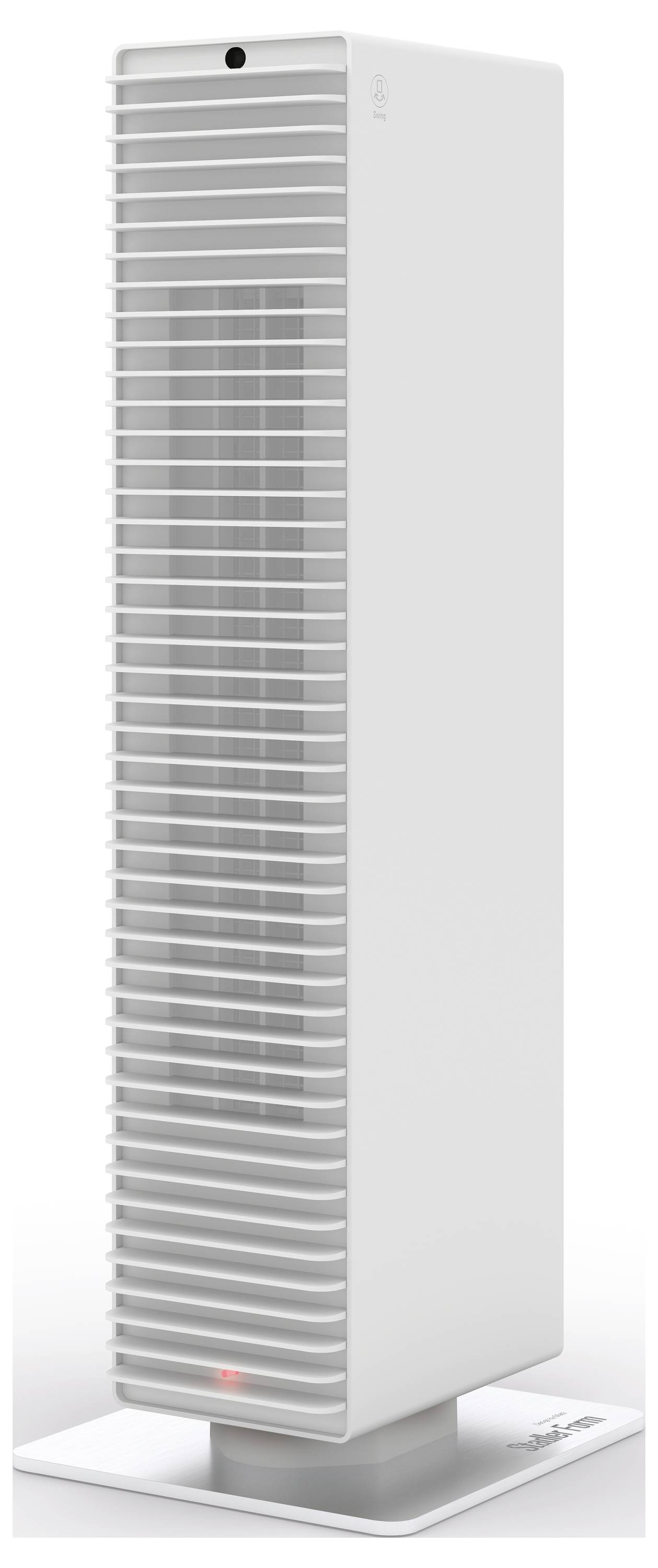 Ein weißer, rechteckiger Turmventilator mit Lüftungsschlitzen und einer LED-Anzeige unten, steht auf einer stabilen Basis.