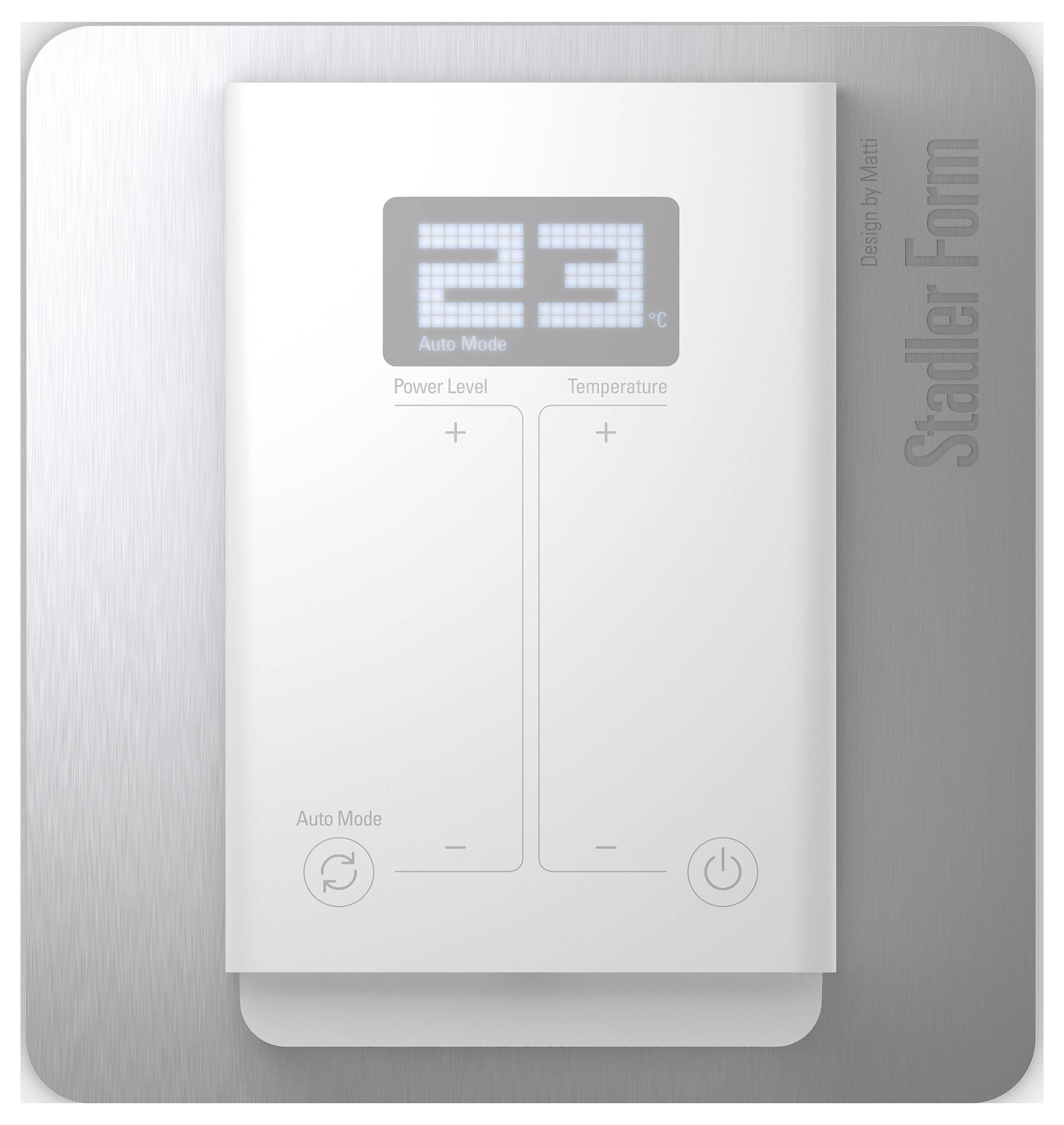 Thermostat an einer Metallplatte montiert, zeigt 23 Grad Celsius an. Tasten zur Einstellung von Leistungsstufe und Temperatur darunter.