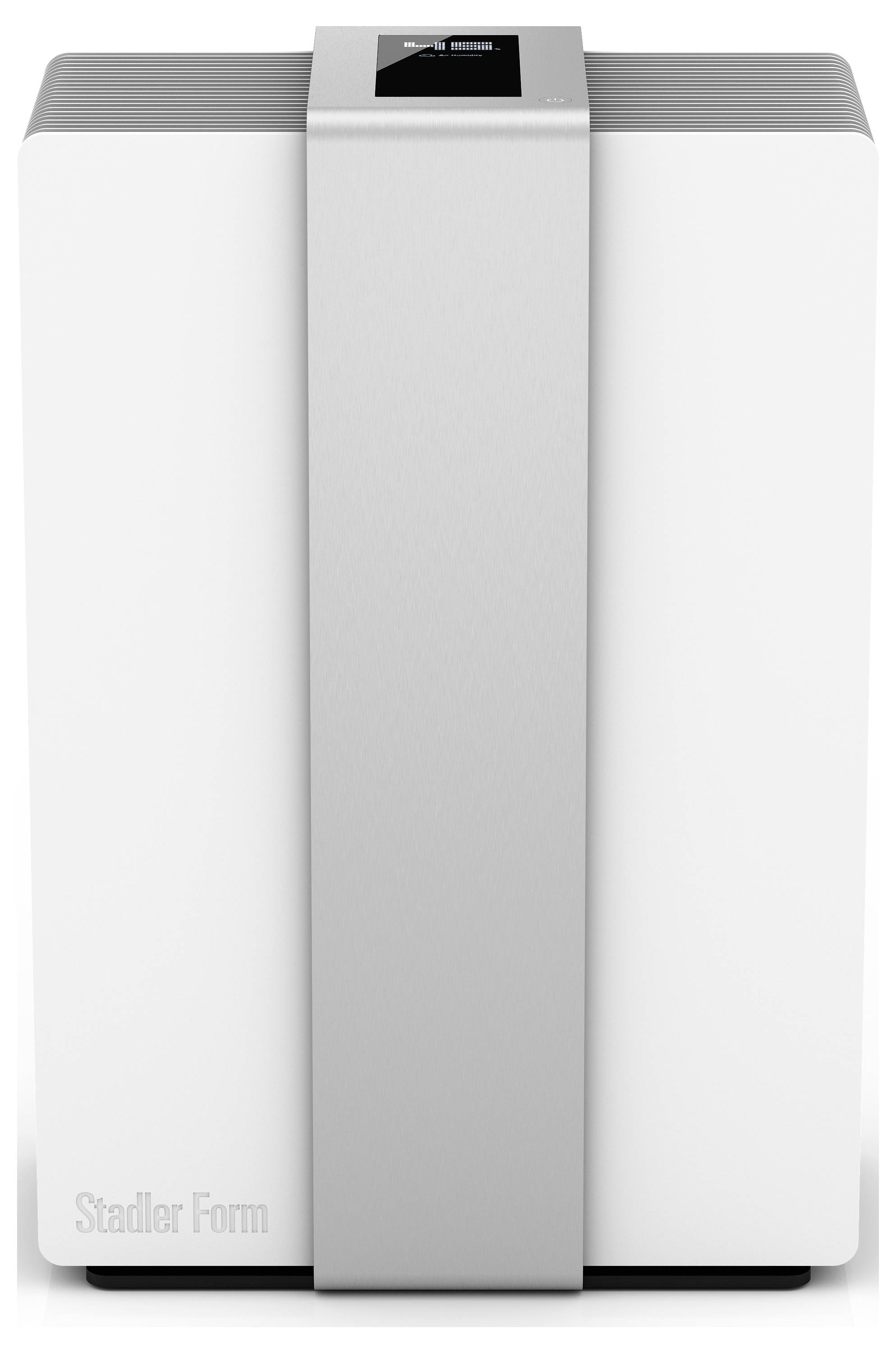 Luftbefeuchter in modernem Design mit Markenlogo oben links; rechteckige Form, weiß mit grauem Mittelstreifen, digitales Display oben.