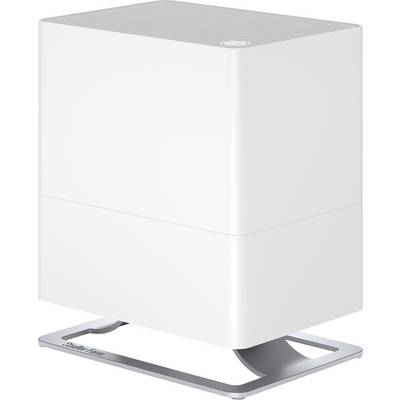 Ein weißer, moderner Luftbefeuchter mit rechteckiger Form auf einem metallischen Standfuß. Ideal für die Verbesserung der Luftqualität.