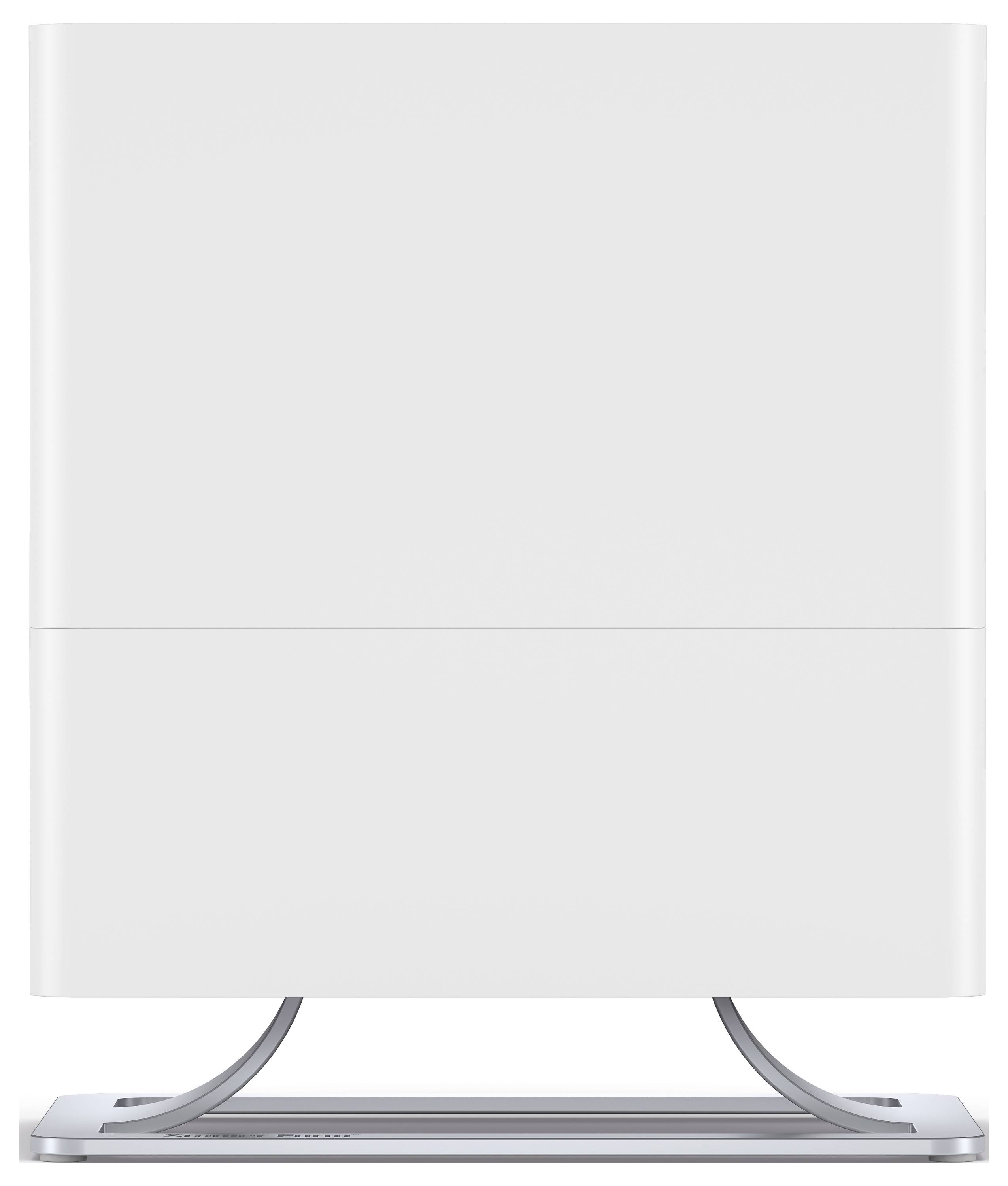 Ein moderner, weißer Luftbefeuchter mit minimalistischem Design steht auf einem metallischen Ständer. Ideal für Wohn- oder Büroräume.