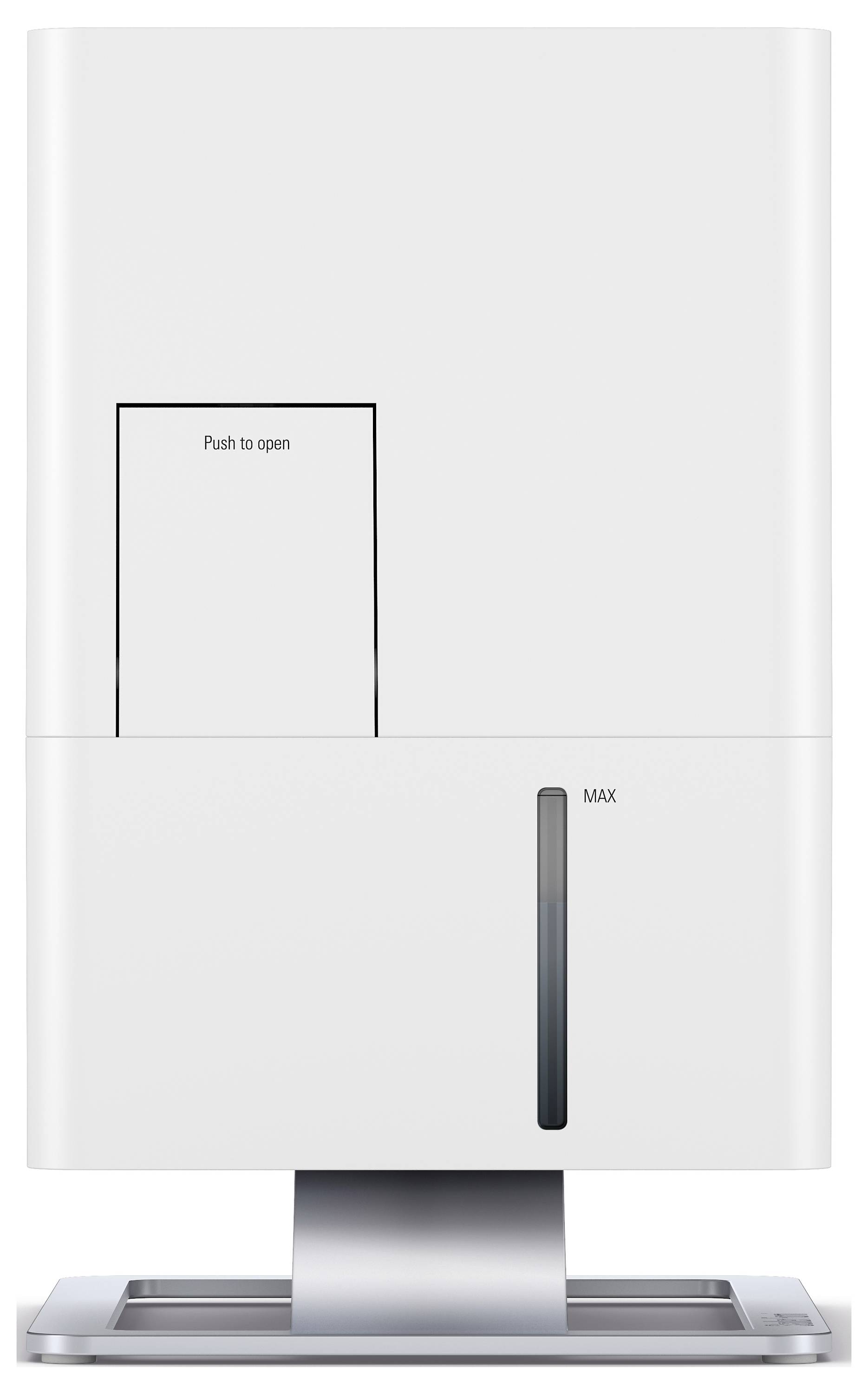 Weißer Luftbefeuchter mit digitalem Display und Sichtfenster für den Wasserstand auf einem Metallständer.