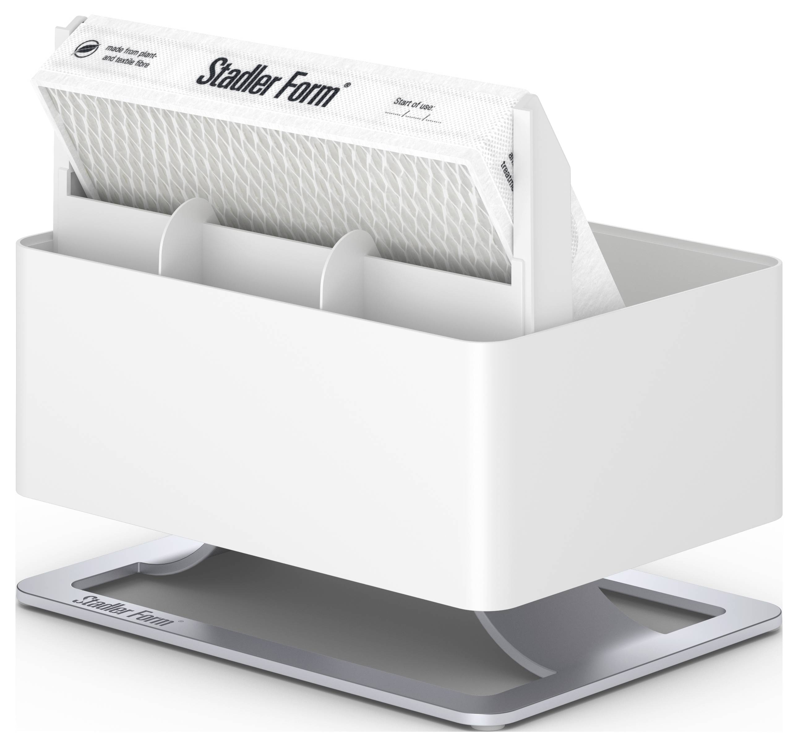 Luftbefeuchter in Weiß mit integriertem Filter, rechteckige Form, auf einer silbernen Basis stehend.