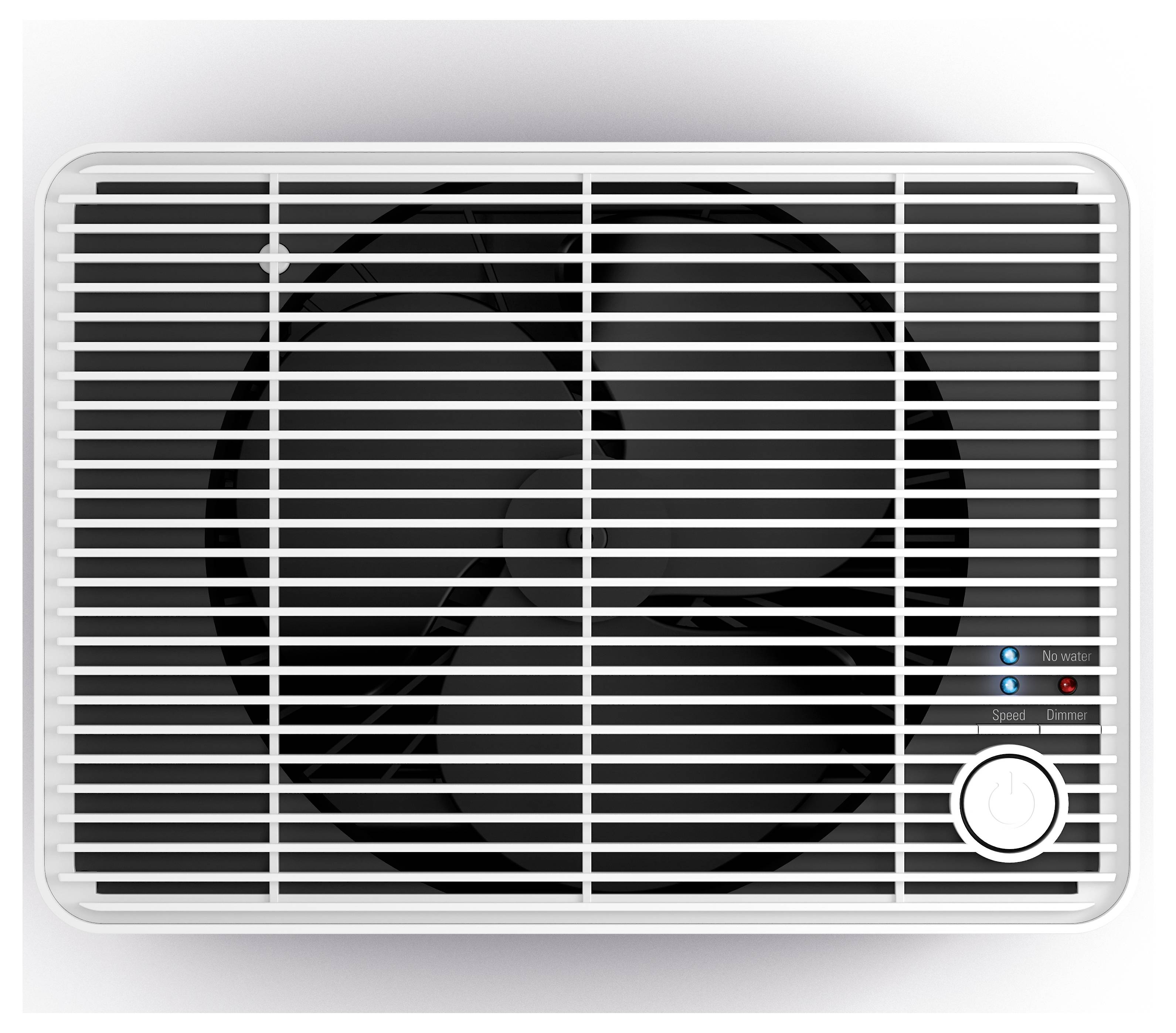 Ein quadratischer Ventilator mit weißen Gitterstäben, drei blauen Lichtern und einem großen runden Drehknopf zur Geschwindigkeitsregelung.