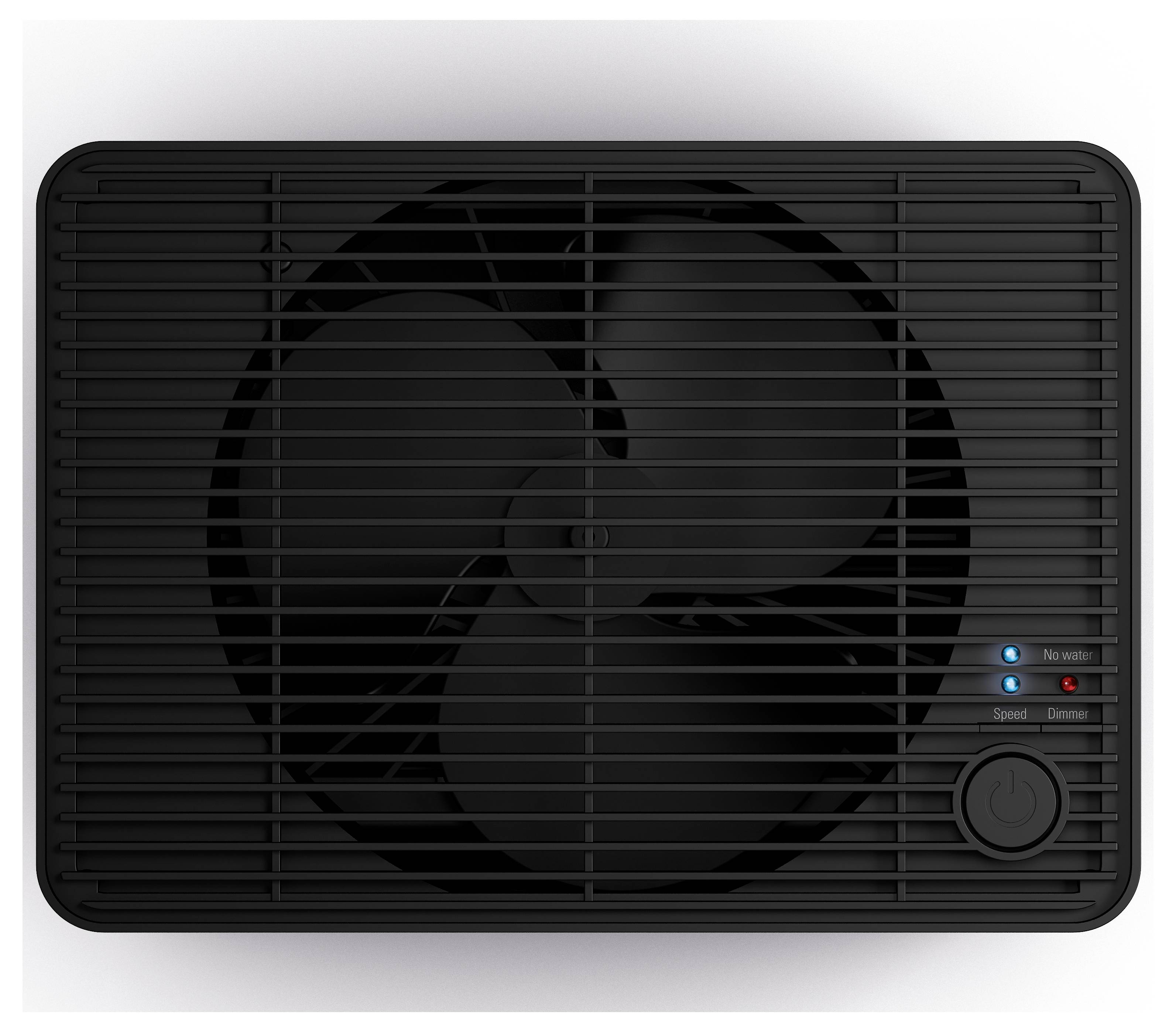 Ein schwarzer, rechteckiger Ventilator in der Draufsicht mit drei Rotorblättern und einer Steuerung für Geschwindigkeit und Timer.