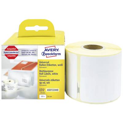 Universalrollen-Etiketten von Avery Zweckform, weiß, permanent, 320 Etiketten, 54 mm Breite. Verpackung zeigt Produktbeispiel.