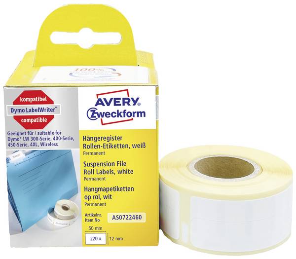 Avery-Zweckform Etiketten Rolle Kompatibel ersetzt DYMO 99017, S0722460 50 x 12 mm Papier Weiß 220 St. Permanent haftend Hängeregister-Etiketten AS0722460