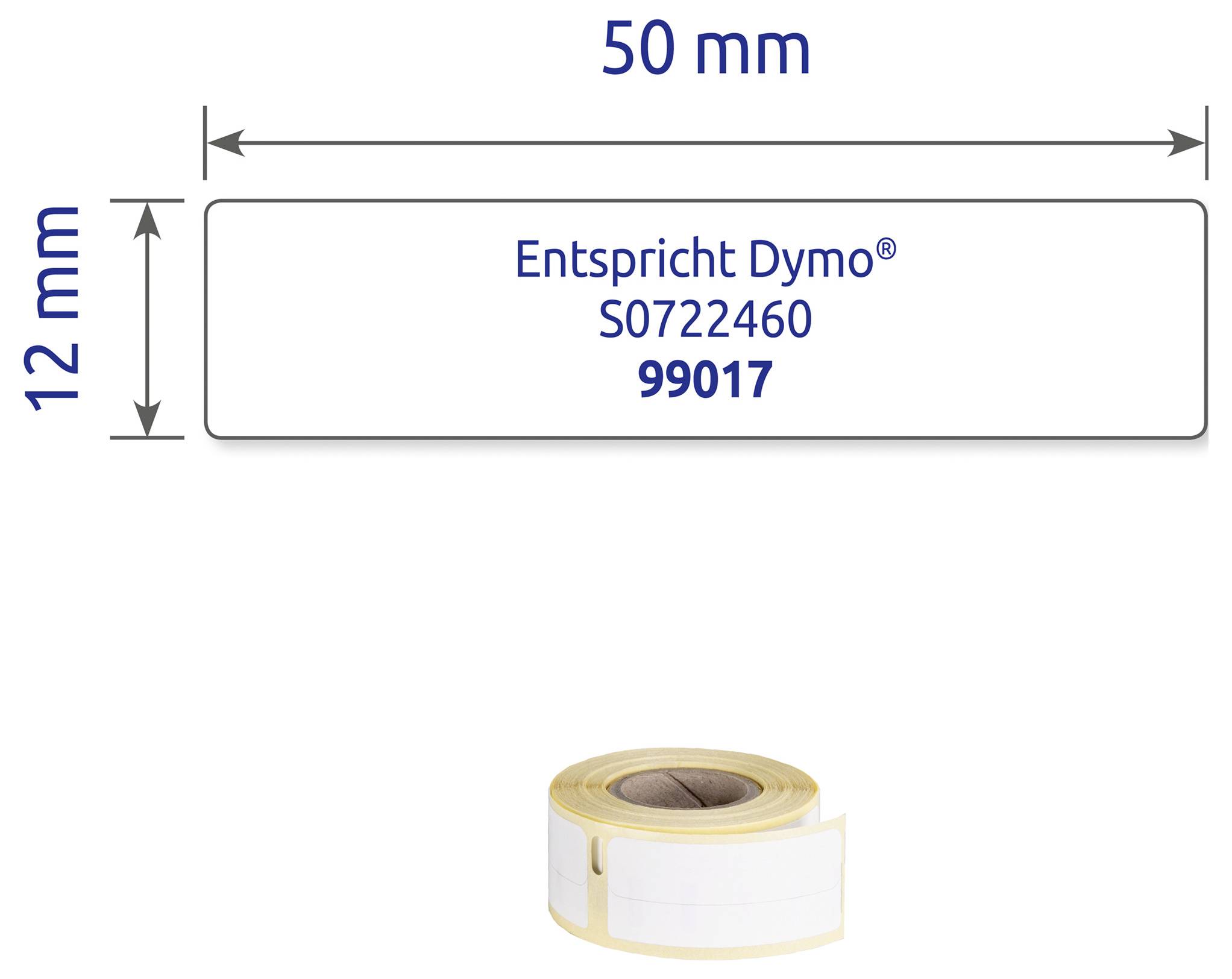 Maßgrafik eines Etikettenrollens: 50 mm breit und 12 mm hoch, mit Aufdruck 'Entspricht Dymo® S0722460 99017'; unten eine kleine Etikettenrolle.<br>