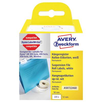 Avery Zweckform weiße permanente Hängeregister-Rollenetiketten, kompatibel mit Dymo LabelWriter, 220 x 12 mm, 50 m Rolle