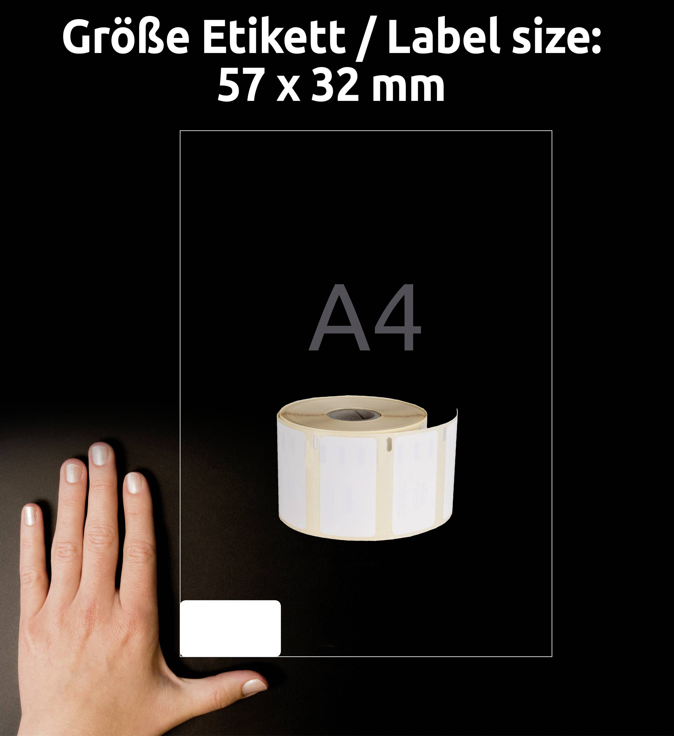 Etikettenrolle mit den Maßen 57 x 32 mm auf einem A4-Blatt, Hand daneben zum Größenvergleich.