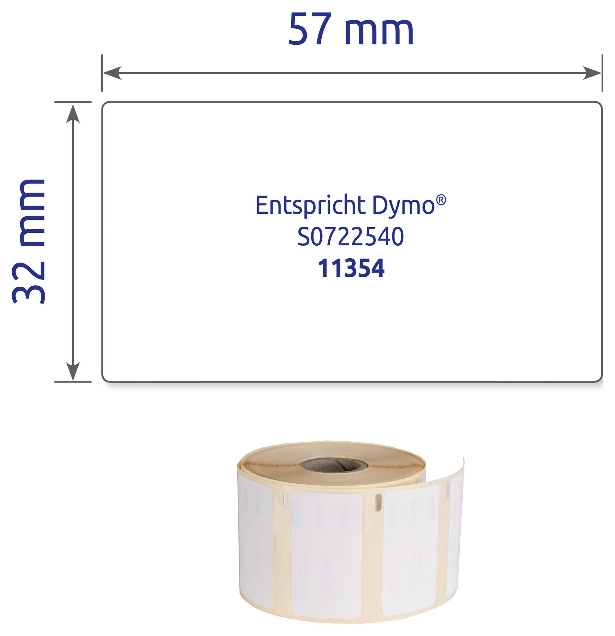 Maßzeichnung eines Etiketts 57 × 32 mm; Hinweis 'Entspricht Dymo® S0722540 11354' sowie abgebildete Etikettenrolle darunter.