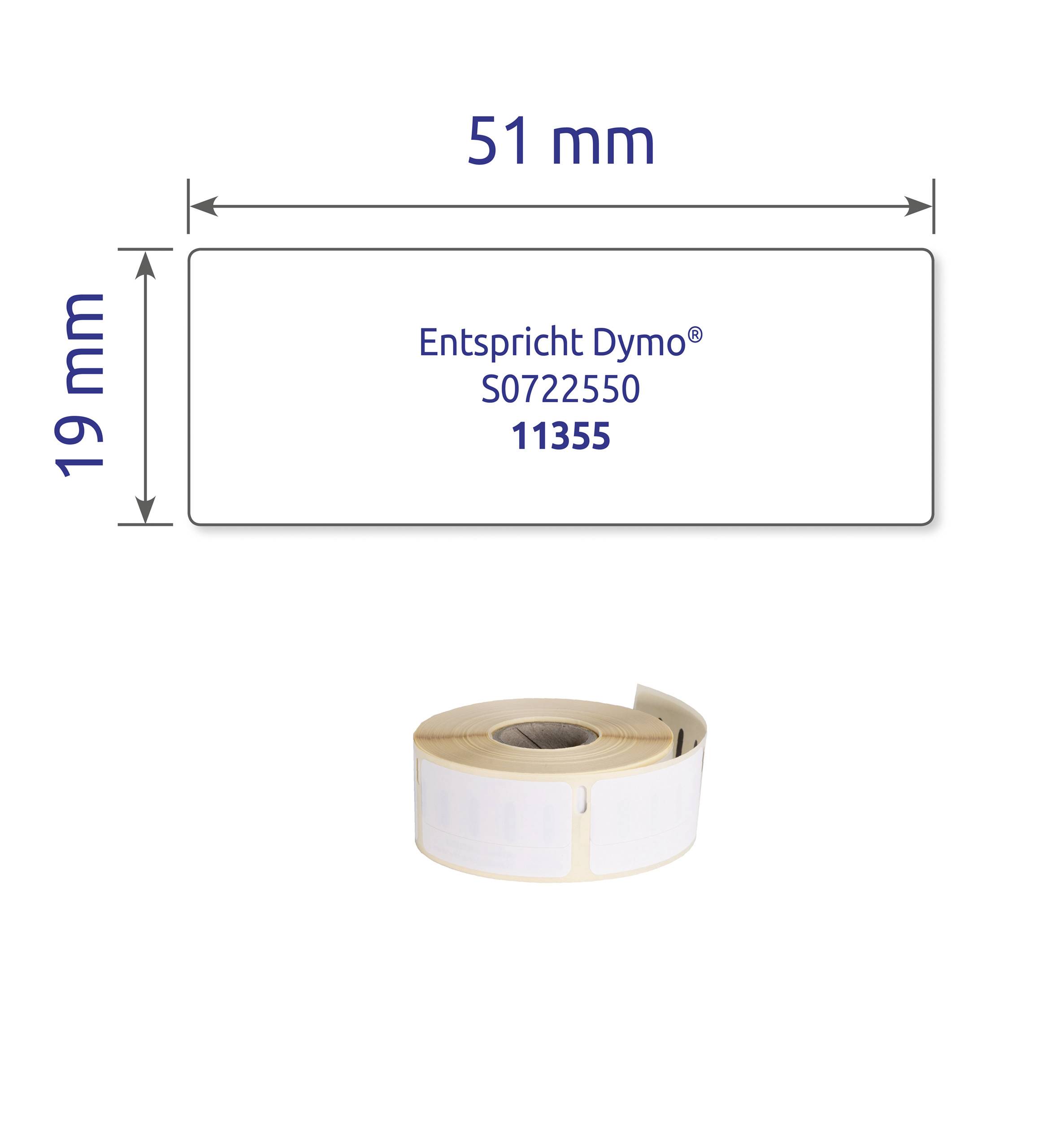 Der Aufkleber ist 51 mm breit und 19 mm hoch und kennzeichnet den Text 'Entspricht Dymo® S0722550 11355'. Eine Rolle mit Aufklebern ist darunter abgebildet.