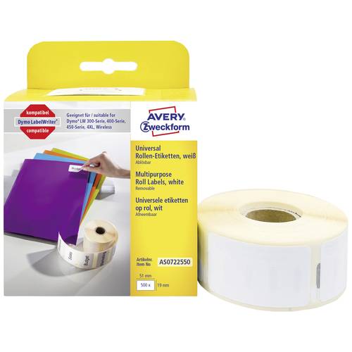 Thumbnail - Avery-Zweckform Etiketten Rolle Kompatibel ersetzt DYMO 11355, S0722550 19 x 51 mm Papier Weiß 500 St. Wiederablösbar Un...