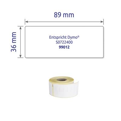 Etikettenrolle zeigt Etikettmaß von 89 mm x 36 mm. Text 'Entspricht Dymo® S0722400 99012' auf Etikett.