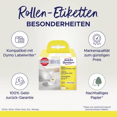 'Rollen-Etiketten Besonderheiten': Kompatibel mit Dymo Labelwriter, Markenqualität, 100% Geld-zurück-Garantie, Nachhaltiges Papier.