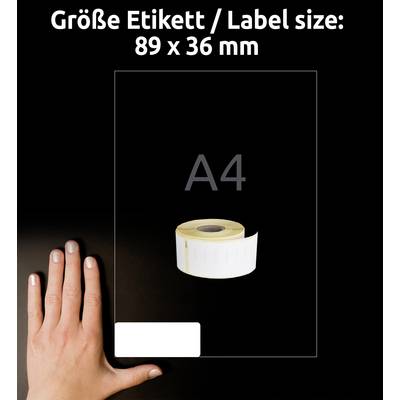 'Eine Hand neben einer weißen Etikettenrolle auf schwarzem Hintergrund. Text oben: 'Größe Etikett / Label size: 89 x 36 mm'.'