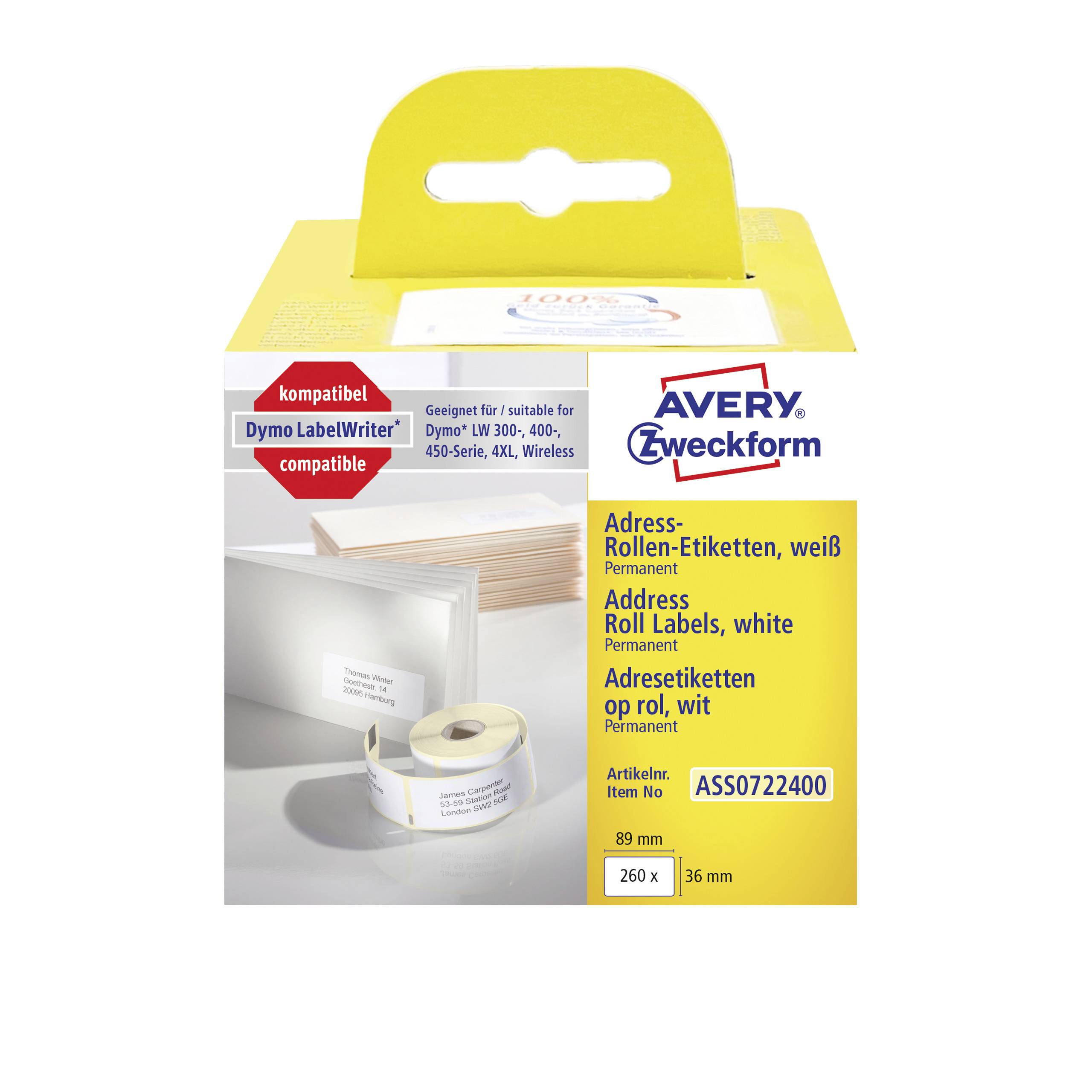 Gelbe Verpackung mit weißem Etikettenprodukt von Avery Zweckform, kompatibel mit Dymo. Enthält Adress-Rollenetiketten 89 x 36 mm.