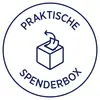 Praktische Spenderbox mit einem Pfeil, der ein Blatt Papier in einen offenen Spender zeigt. Text: 'Praktische Spenderbox'.