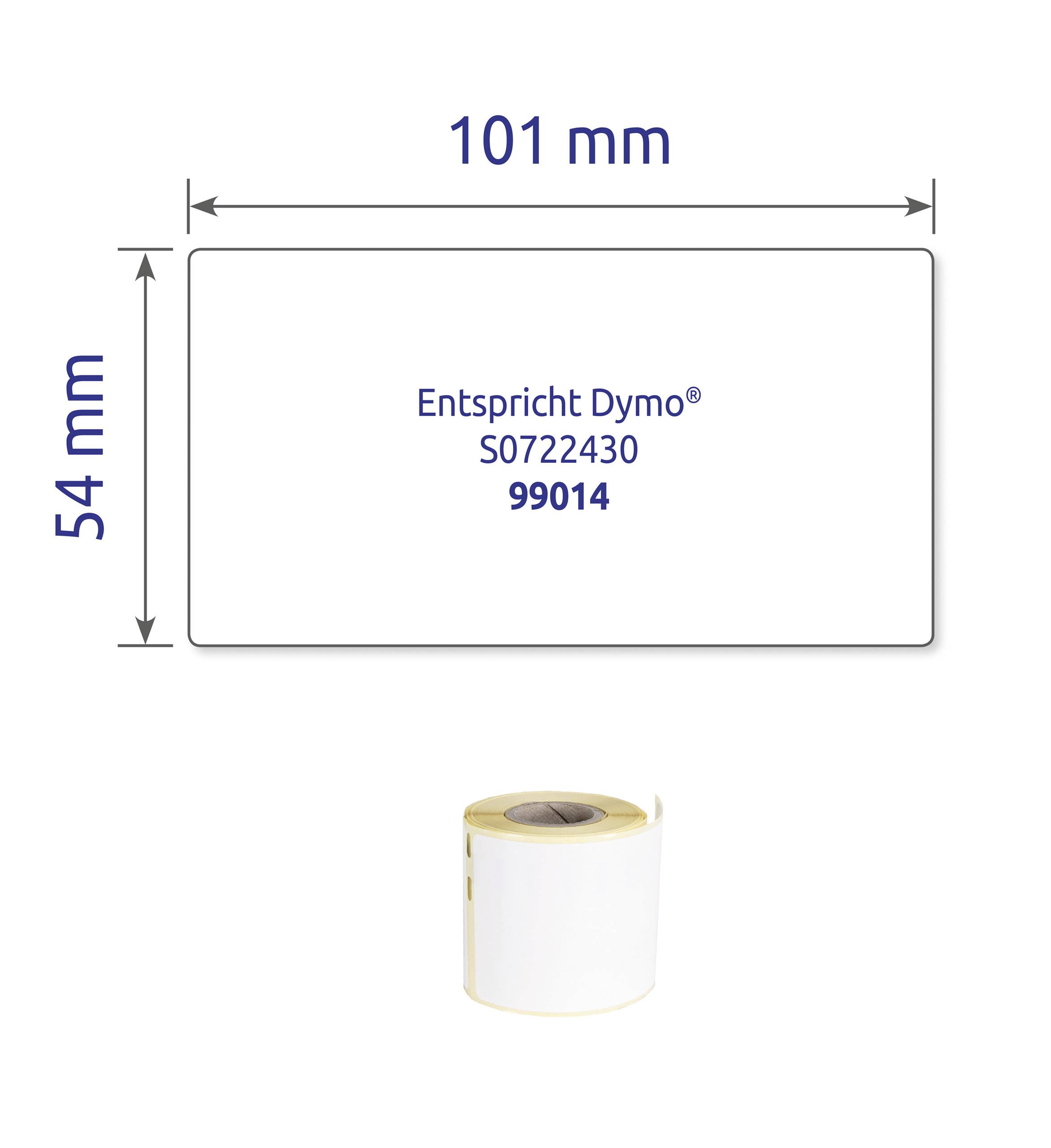Etikett mit den Abmessungen 101 mm x 54 mm, kompatibel mit Dymo® S0722430, 99014. Darunter eine Rolle mit Etiketten.