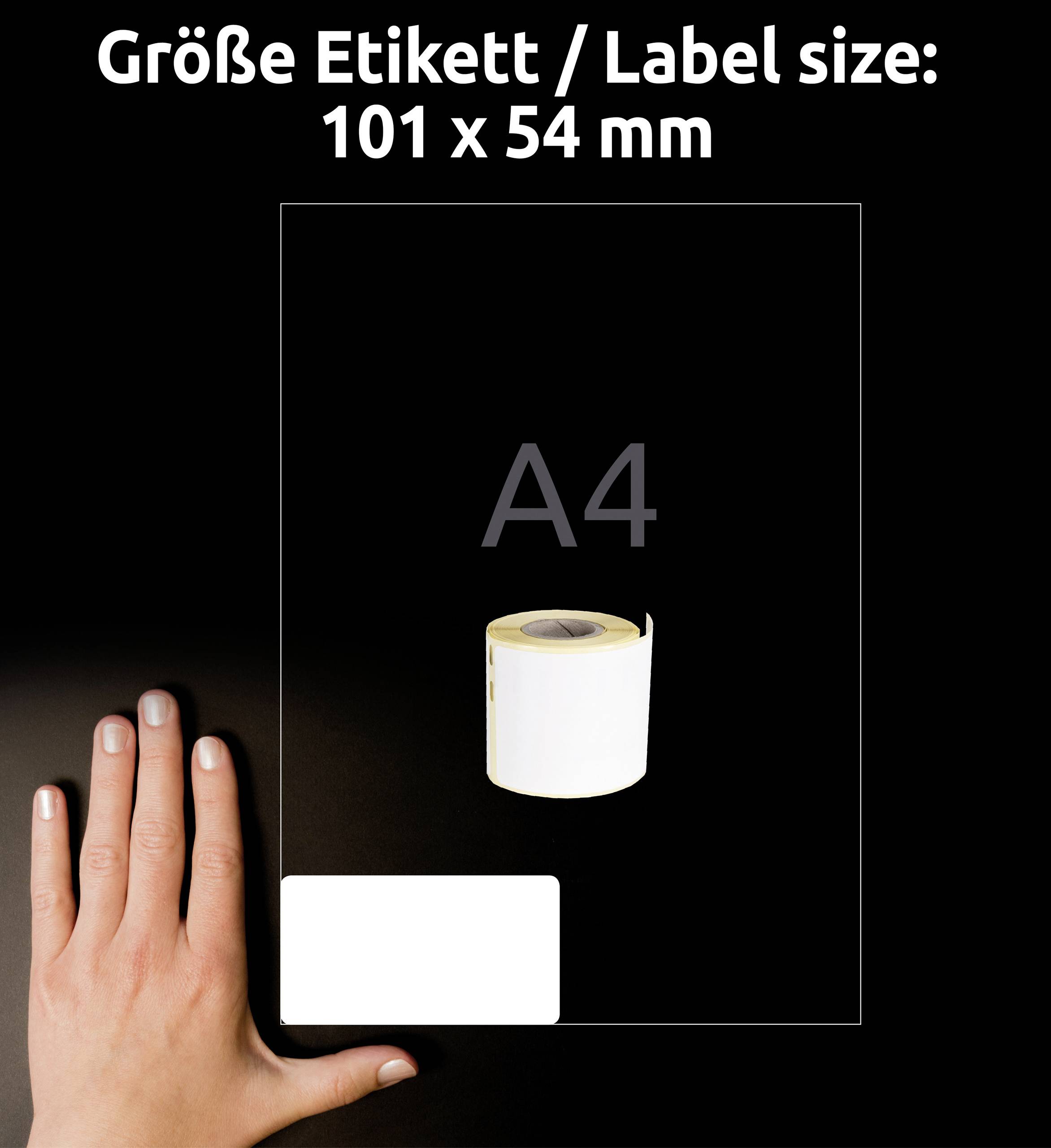 Eine Hand neben einer A4-seitig dargestellten Etikettenrolle, Etikettengröße: 101 x 54 mm.