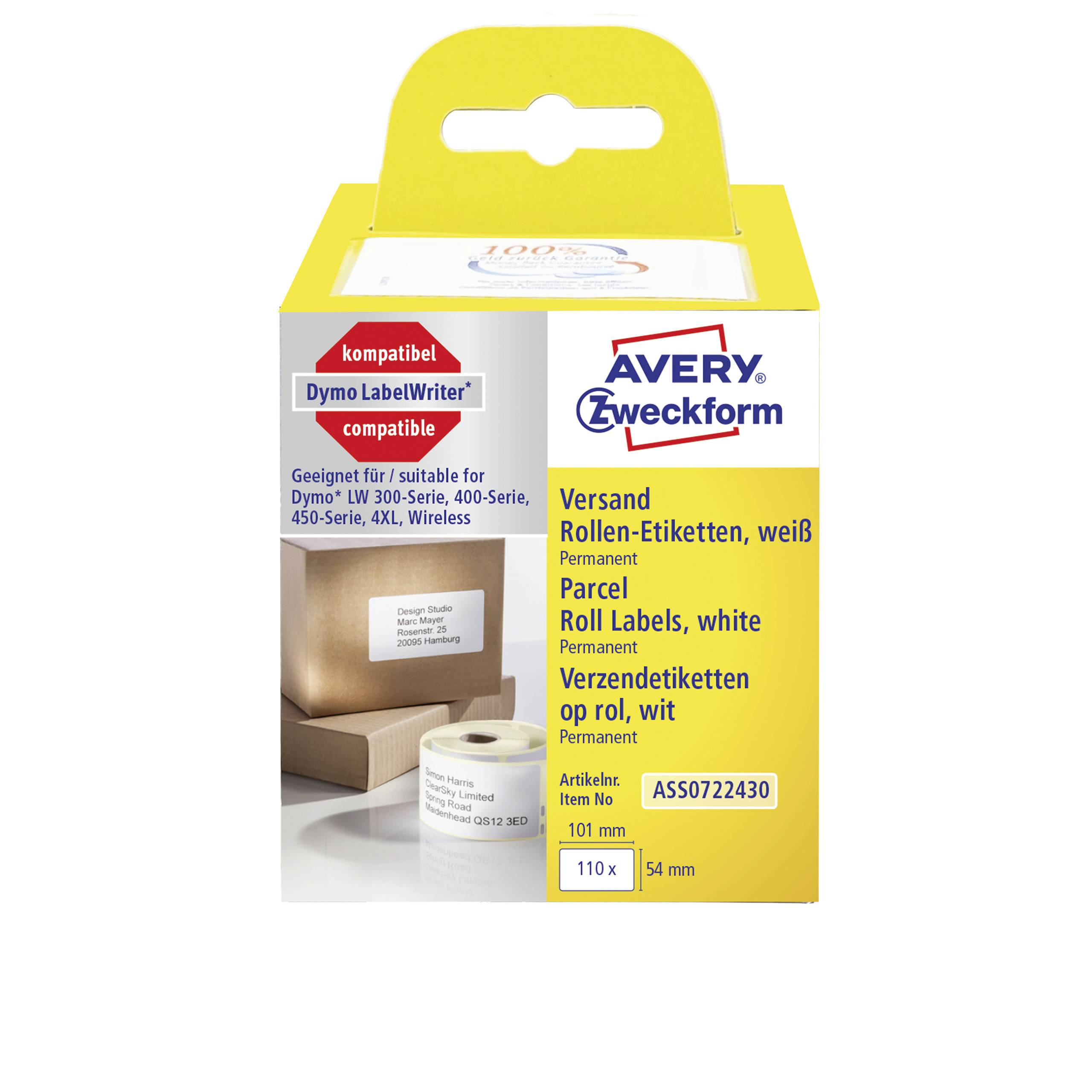 Etikettenverpackung von Avery Zweckform für Versandetiketten. Kompatibel mit Dymo LabelWriter. Enthält 110 weiße Rollenetiketten.