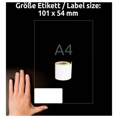 Vergleichsgrafik für Etikettgröße: A4-Blatt mit Rollenetikett; oben steht 'Größe Etikett/ Label size: 101 x 54 mm', unten zeigt eine Hand den Größenmaßstab.